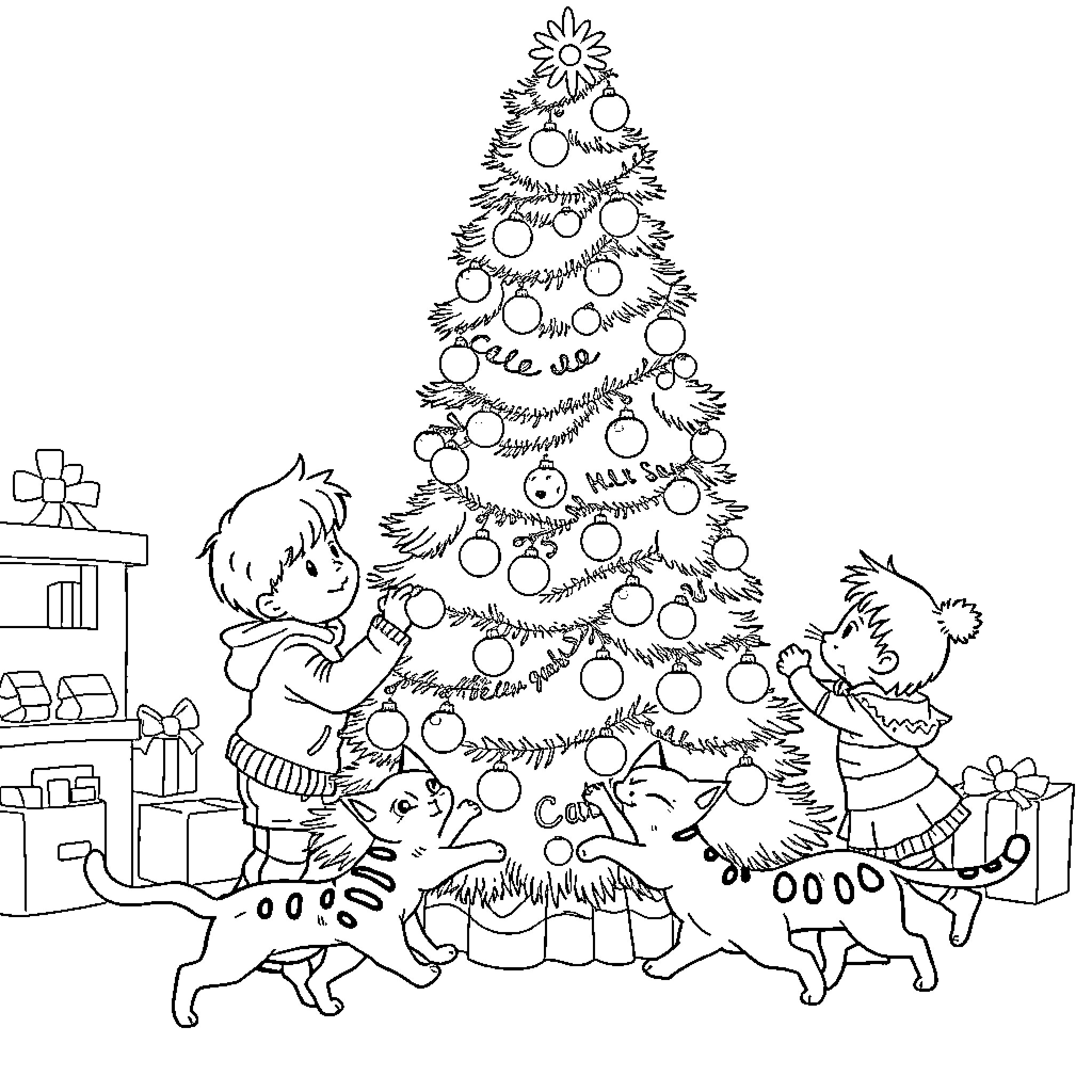 Christmas Tree Decorating with Children and Pets Coloring Page (free black-and-white line drawing printable PDF for all, from beginners to advanced learners, including children, teens, adults, and seniors)