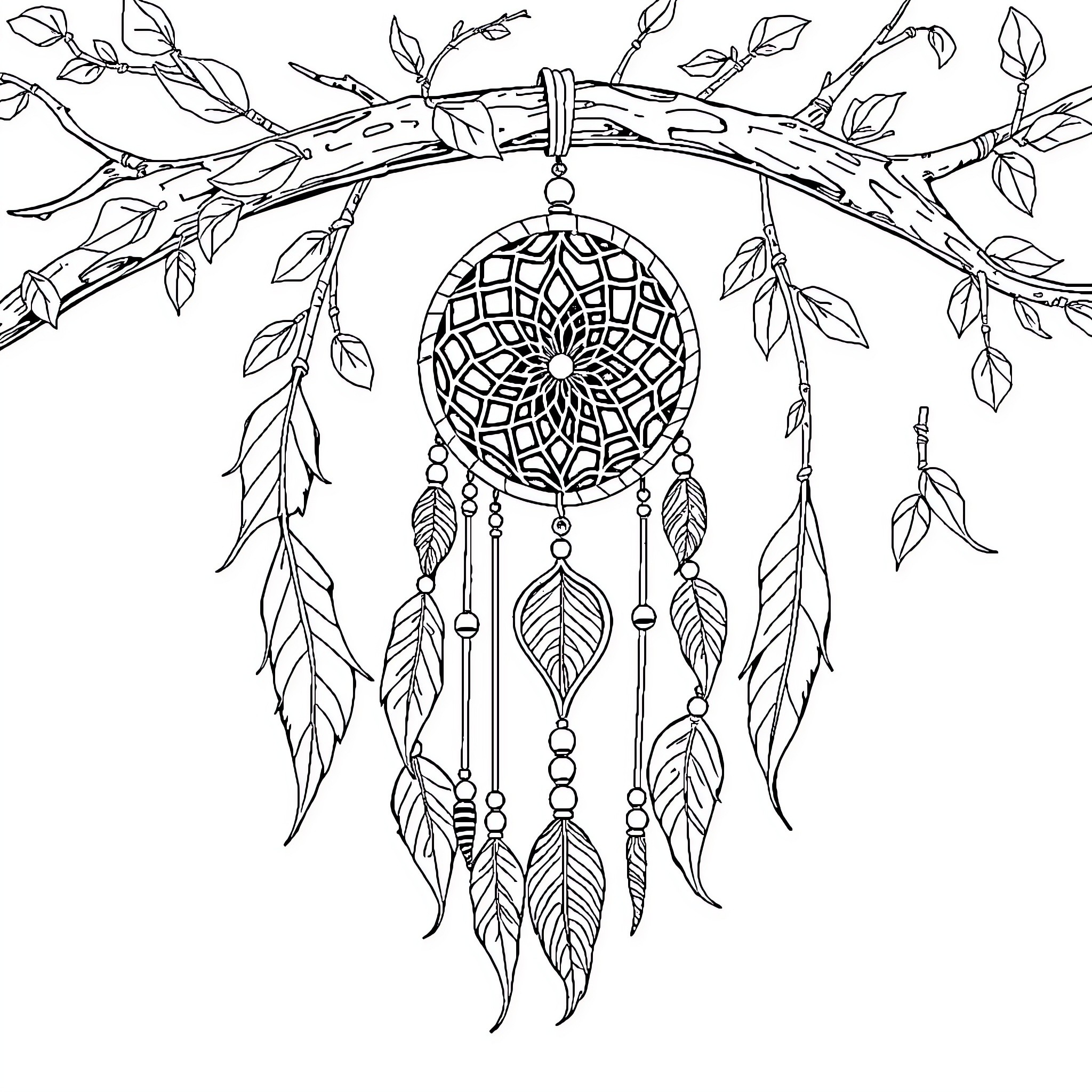 Dreamcatcher with Intricate Feather Designs Coloring Page (free black-and-white line drawing printable PDF for all, from beginners to advanced learners, including children, teens, adults, and seniors)