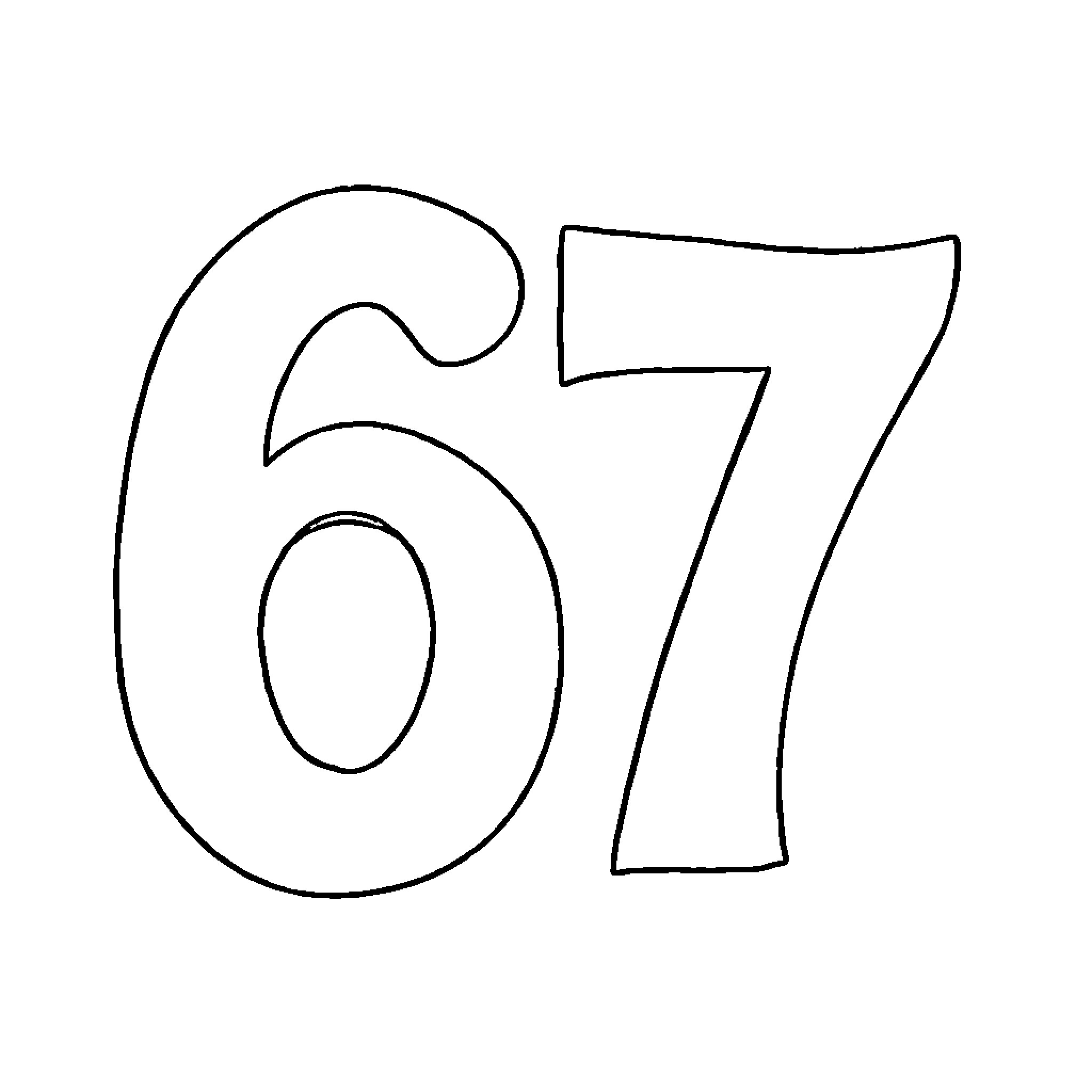 Number Sixty-Seven Written in Simple Sketch Style Coloring Page (free black-and-white line drawing printable PDF for all, from beginners to advanced learners, including children, teens, adults, and seniors)