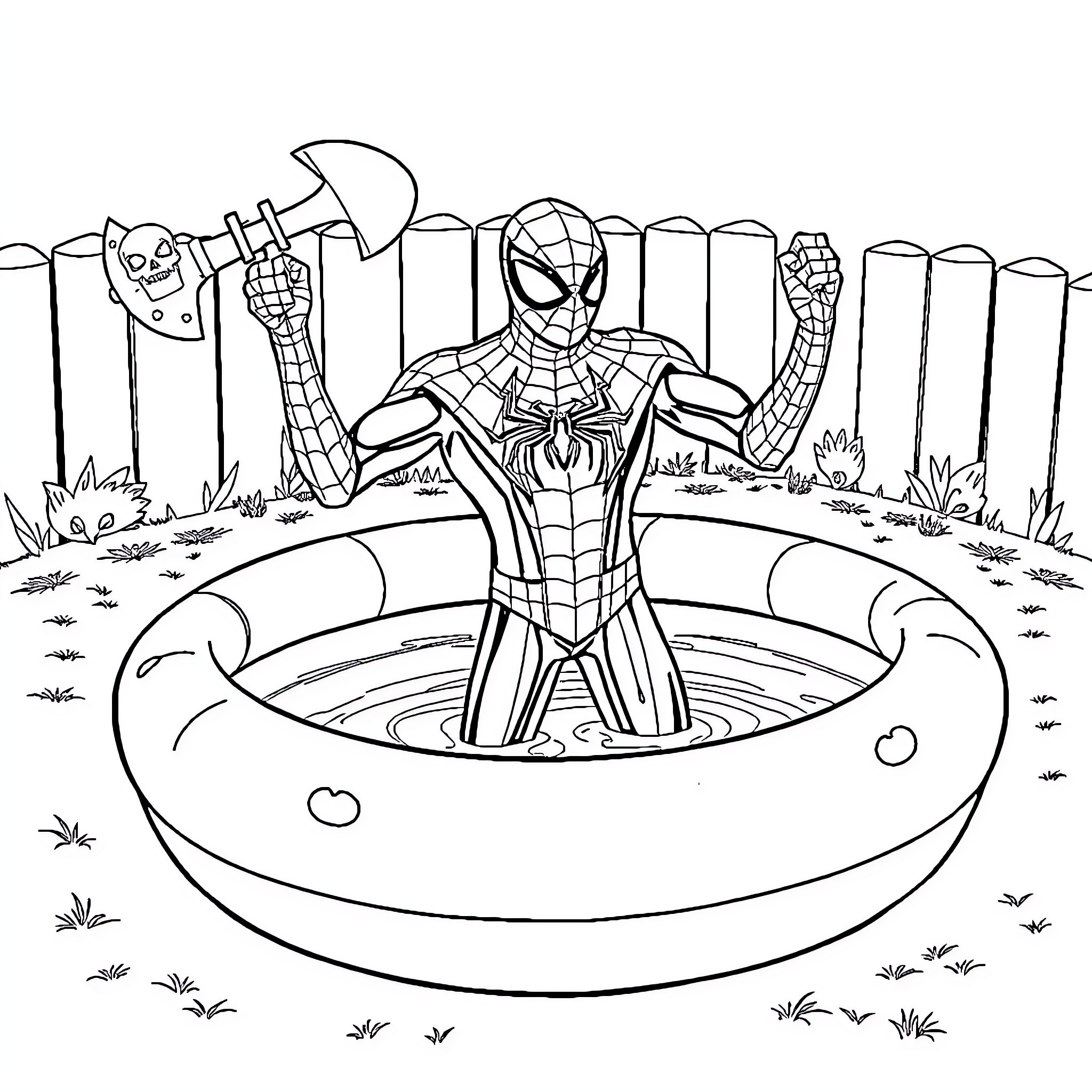 Spiderman in a Heroic Pose in the Outdoors Coloring Page (free black-and-white line drawing printable PDF for all, from beginners to advanced learners, including children, teens, adults, and seniors)