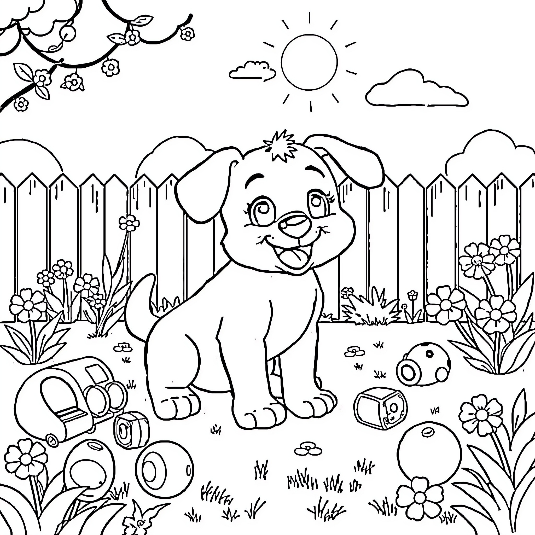 Bluey the Playful Pup in the Blooming Garden Coloring Page (free black-and-white line drawing printable PDF for all, from beginners to advanced learners, including children, teens, adults, and seniors)