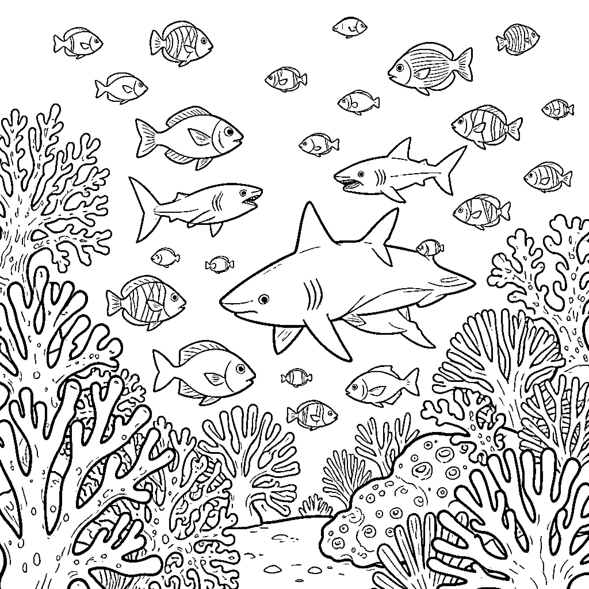 Coral Reef with Diverse Underwater Creatures Coloring Page (free black-and-white line drawing printable PDF for all, from beginners to advanced learners, including children, teens, adults, and seniors)