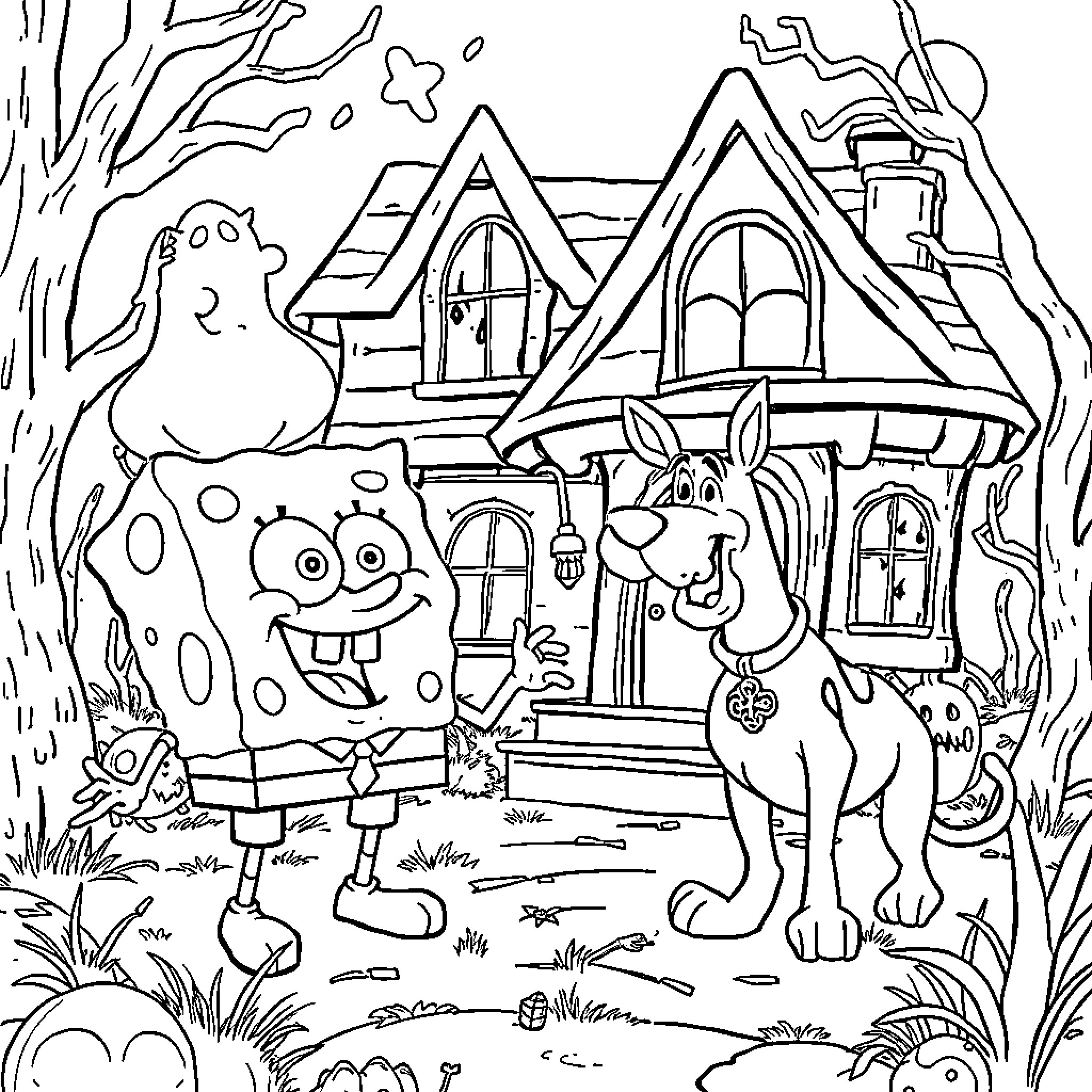 Spongebob and friends explore a whimsical cottage Coloring Page (free black-and-white line drawing printable PDF for all, from beginners to advanced learners, including children, teens, adults, and seniors)