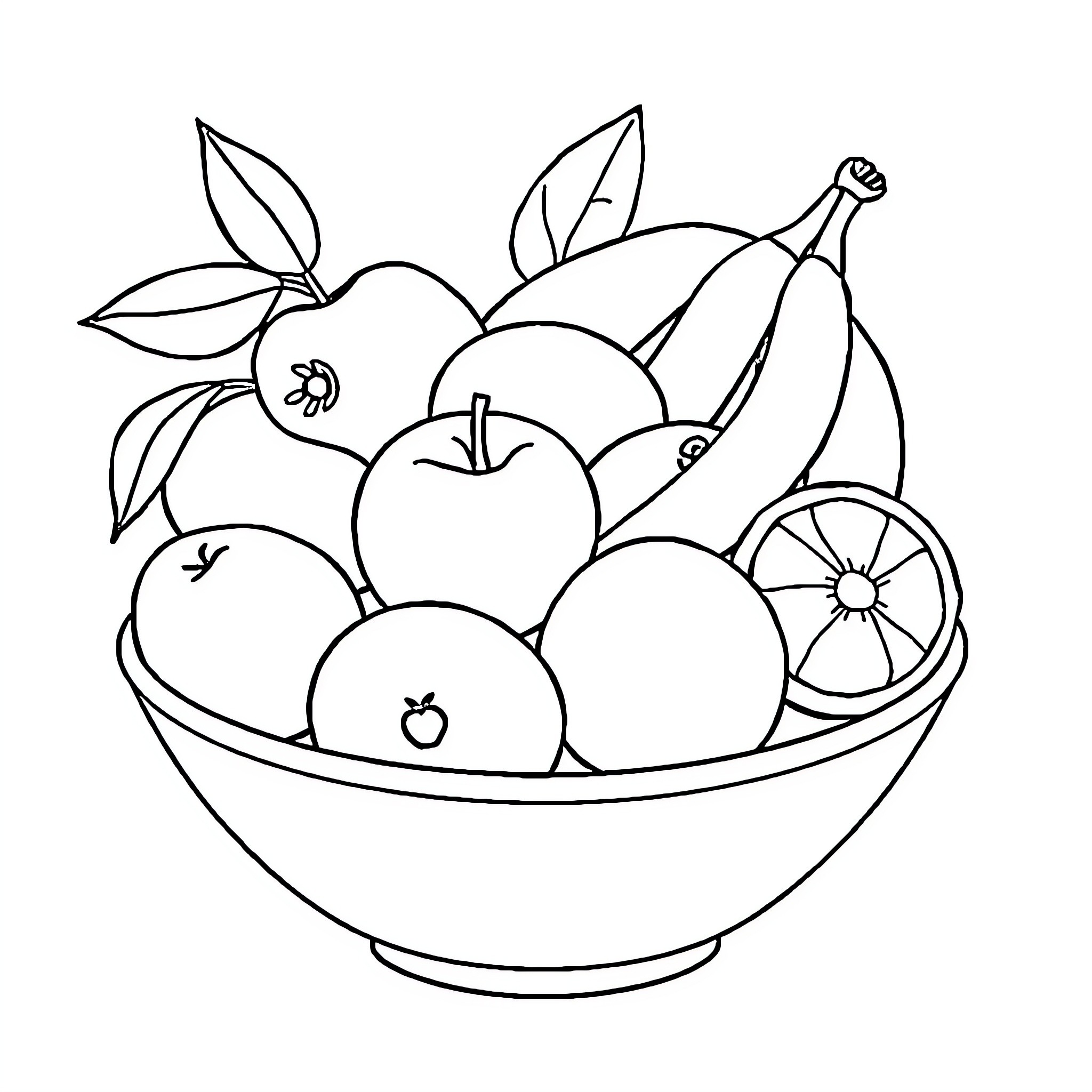 Fruit Bowl Filled with Assorted Produce Coloring Page (free black-and-white line drawing printable PDF for all, from beginners to advanced learners, including children, teens, adults, and seniors)