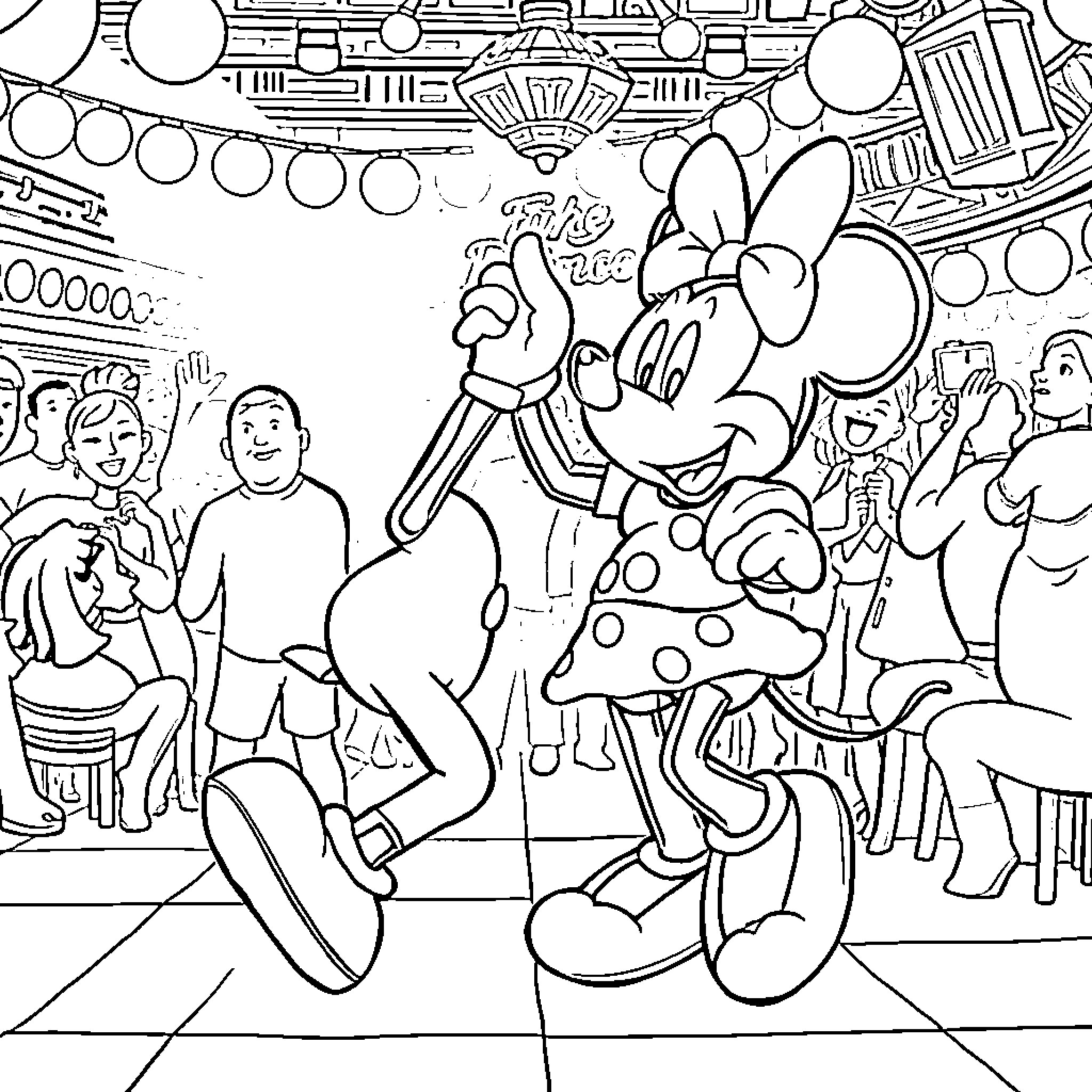 Mickey's Lively Carnival Performance Coloring Page (free black-and-white line drawing printable PDF for all, from beginners to advanced learners, including children, teens, adults, and seniors)