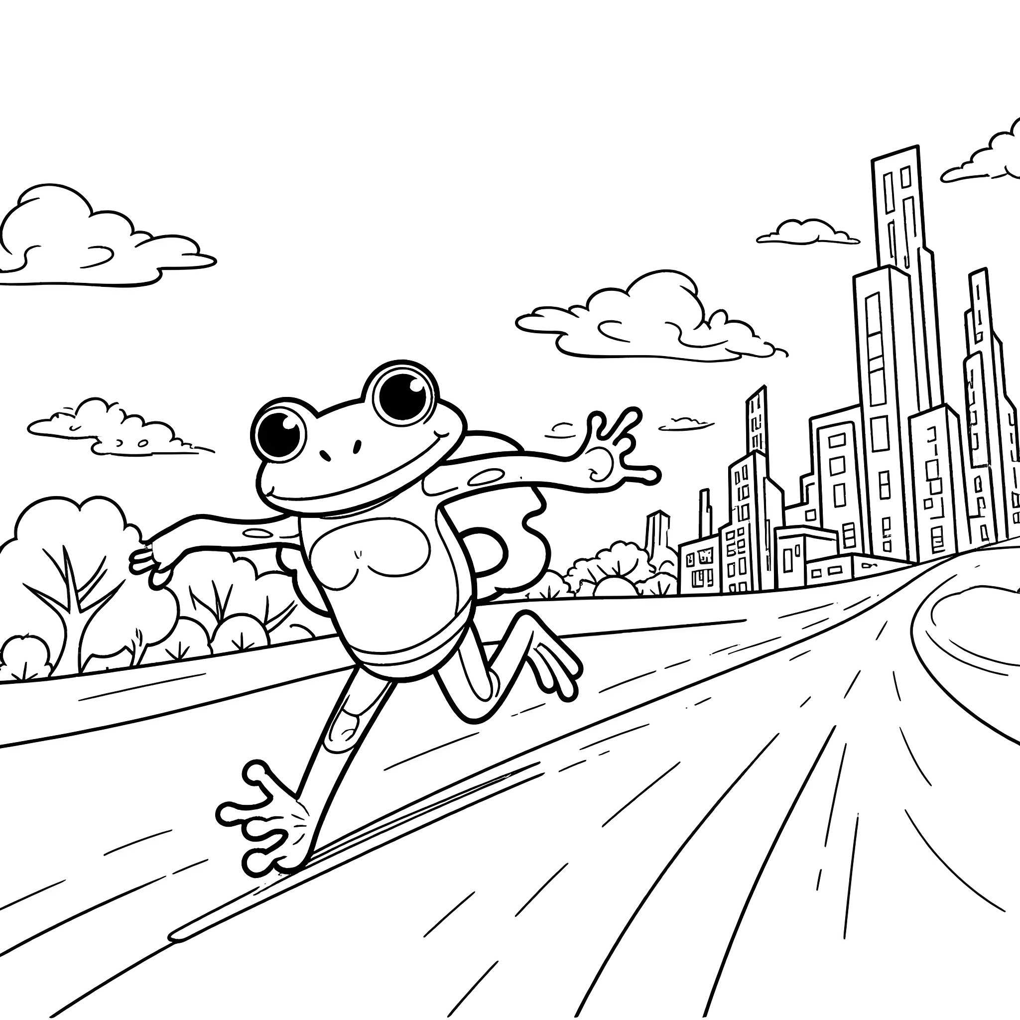 Superhero Frog Leaping Through the City Coloring Page (free black-and-white line drawing printable PDF for all, from beginners to advanced learners, including children, teens, adults, and seniors)