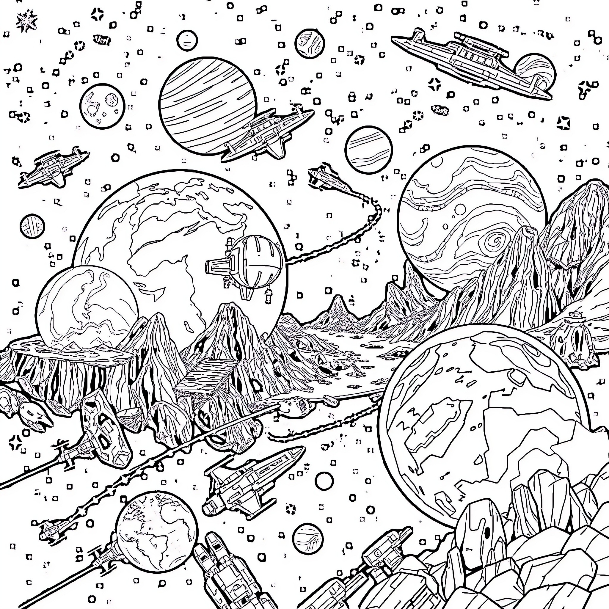 Planet Exploration in the Cosmic Landscape Coloring Page (free black-and-white line drawing printable PDF for all, from beginners to advanced learners, including children, teens, adults, and seniors)