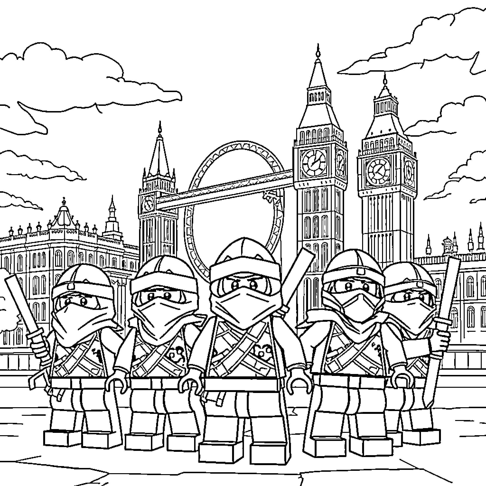 Ninjago ninjas on mission in iconic city Coloring Page (free black-and-white line drawing printable PDF for all, from beginners to advanced learners, including children, teens, adults, and seniors)