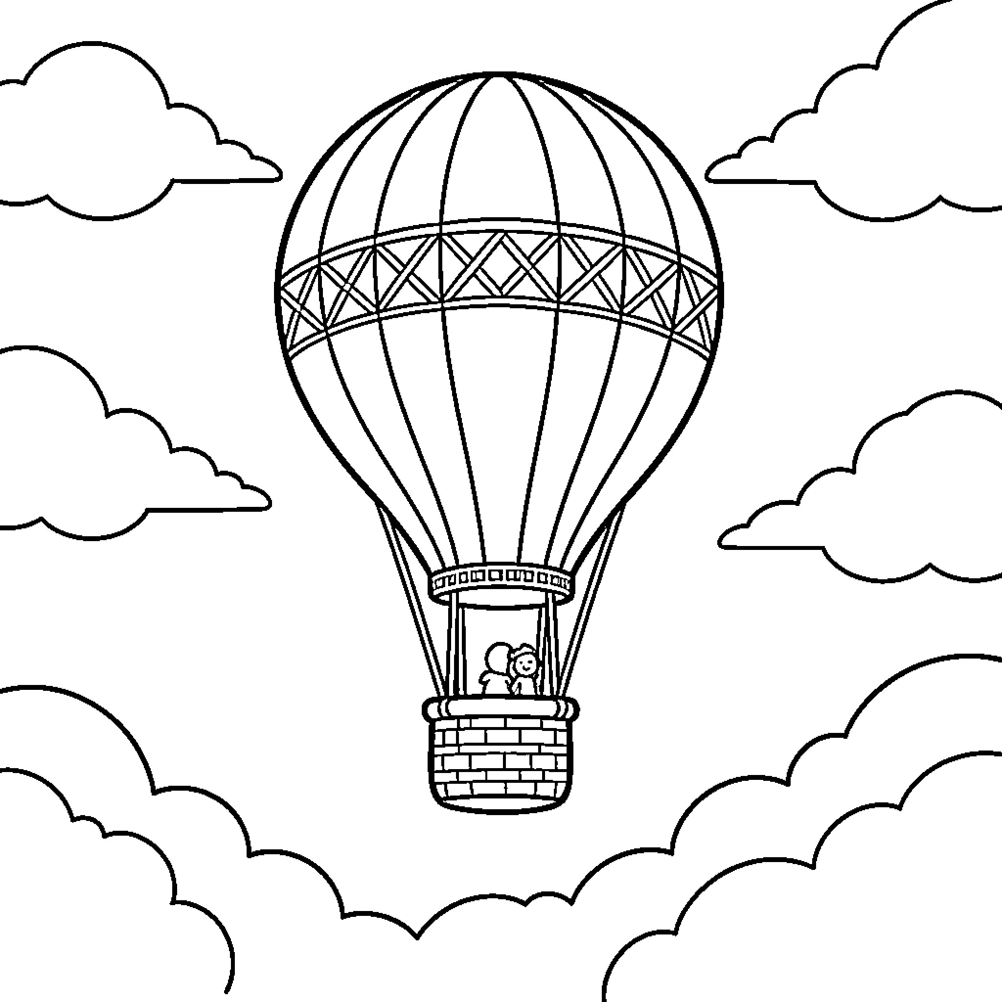 Hot Air Balloon Soaring Above Clouds Coloring Page (free black-and-white line drawing printable PDF for all, from beginners to advanced learners, including children, teens, adults, and seniors)