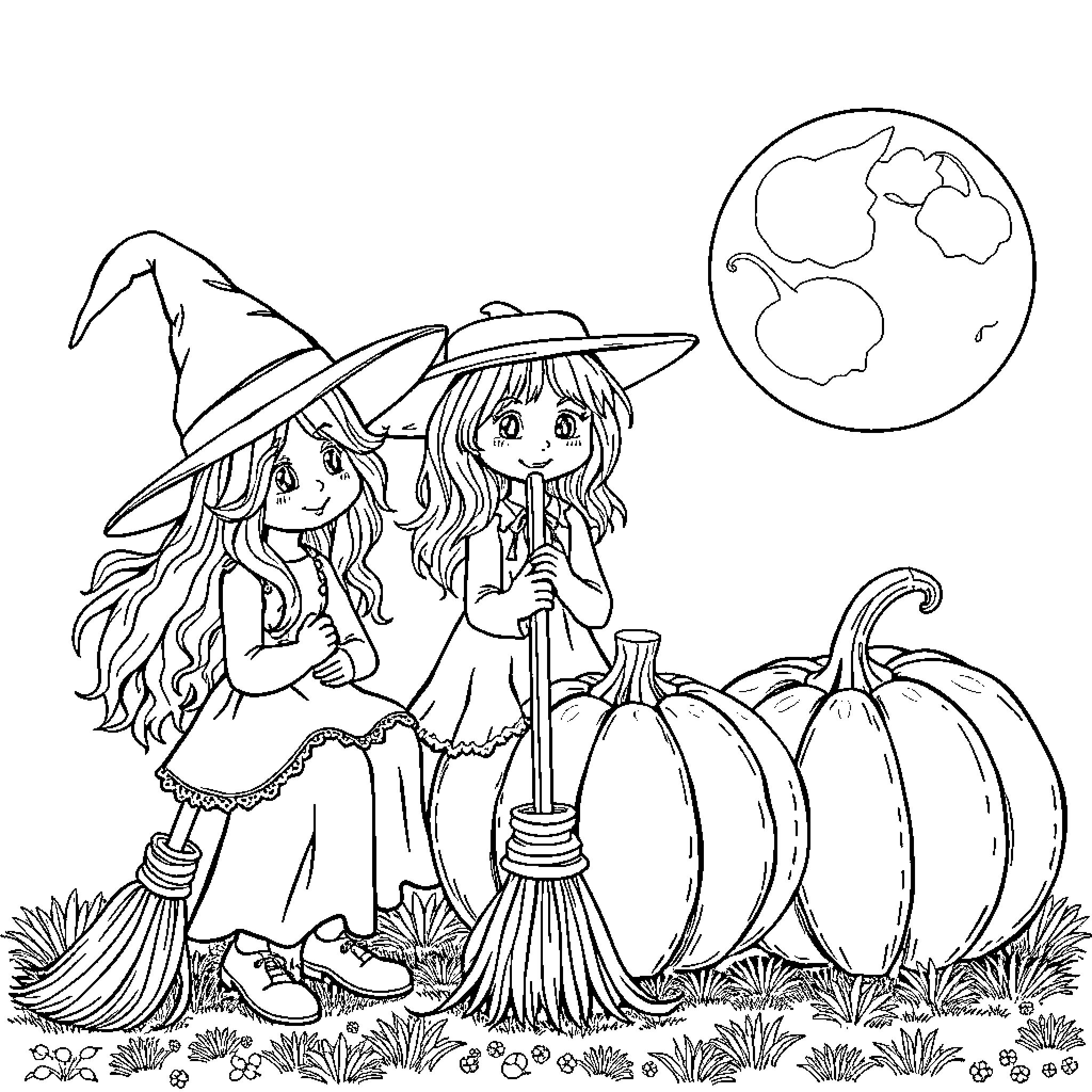 Witch Sweeping Leaves Under the Full Moon Coloring Page (free black-and-white line drawing printable PDF for all, from beginners to advanced learners, including children, teens, adults, and seniors)