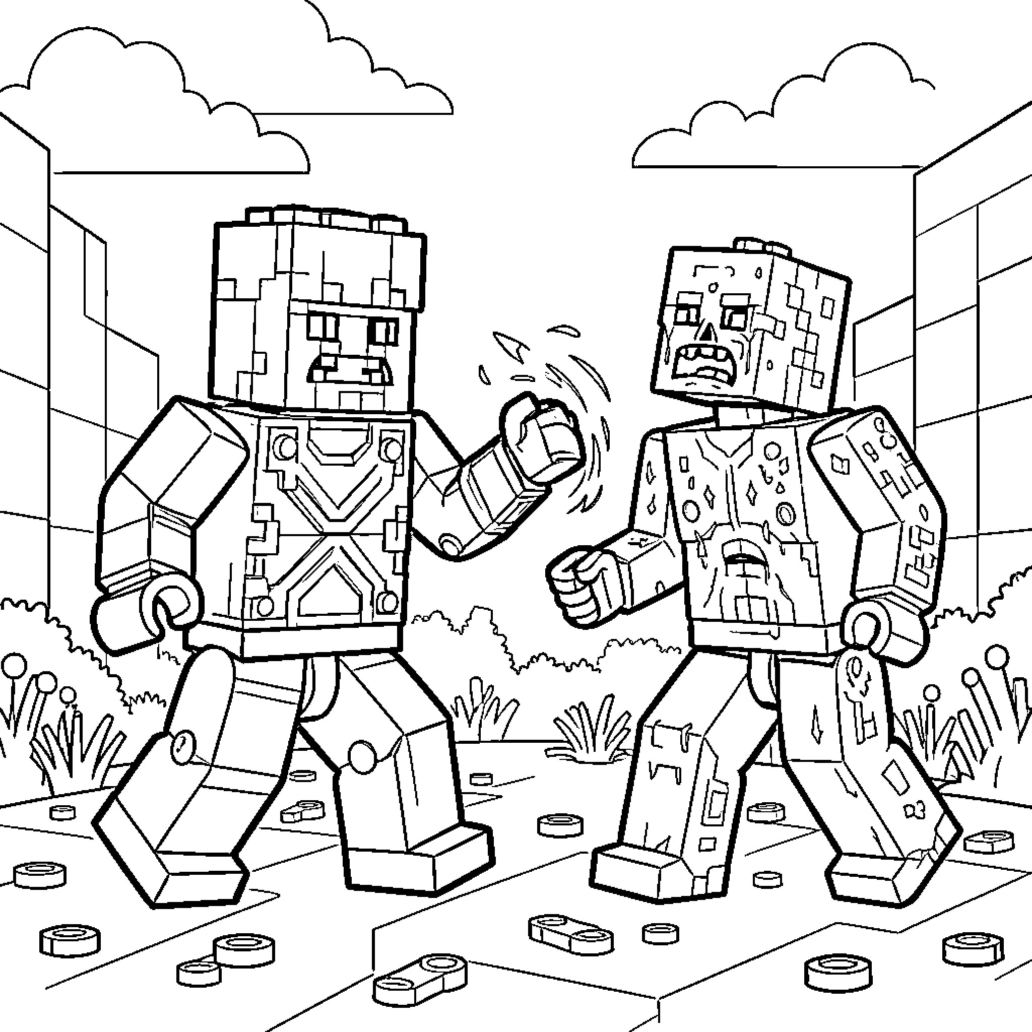 Lego Minecraft characters facing each other in a landscape Coloring Page (free black-and-white line drawing printable PDF for all, from beginners to advanced learners, including children, teens, adults, and seniors)