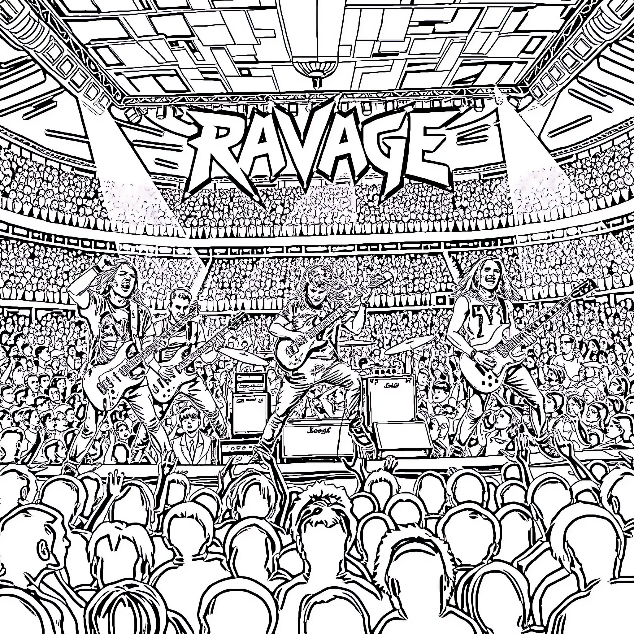 Band Rocking Out on Stage with Energetic Crowd Coloring Page (free black-and-white line drawing printable PDF for all, from beginners to advanced learners, including children, teens, adults, and seniors)