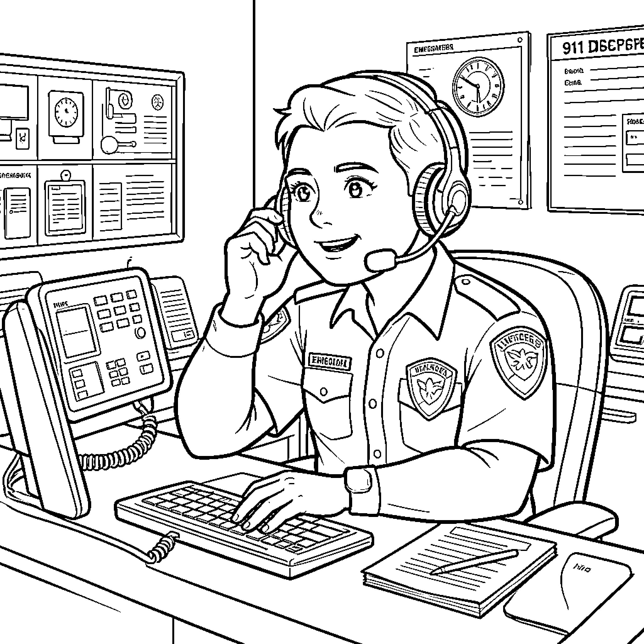 Dispatcher handling emergency calls in the control room Coloring Page (free black-and-white line drawing printable PDF for all, from beginners to advanced learners, including children, teens, adults, and seniors)