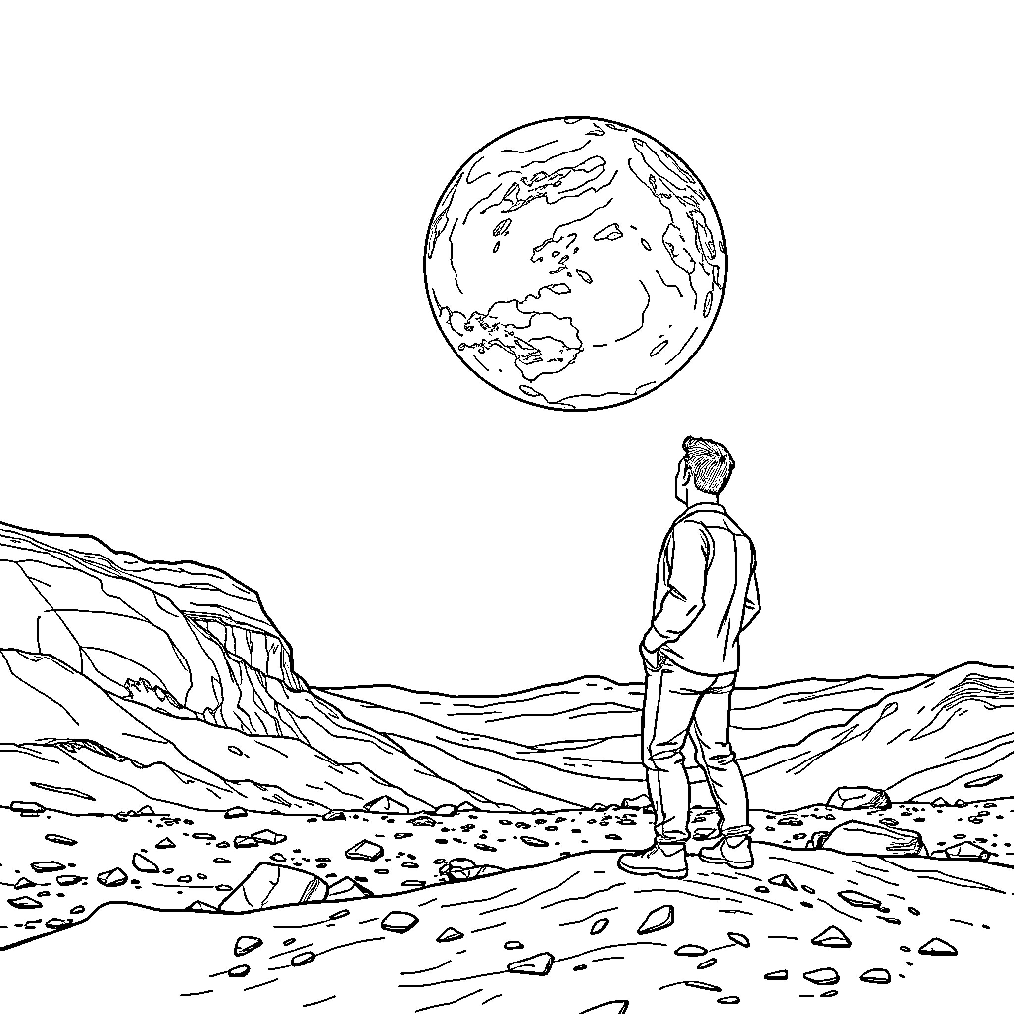 Elon Musk gazing at the Earth from a distant planet Coloring Page (free black-and-white line drawing printable PDF for all, from beginners to advanced learners, including children, teens, adults, and seniors)