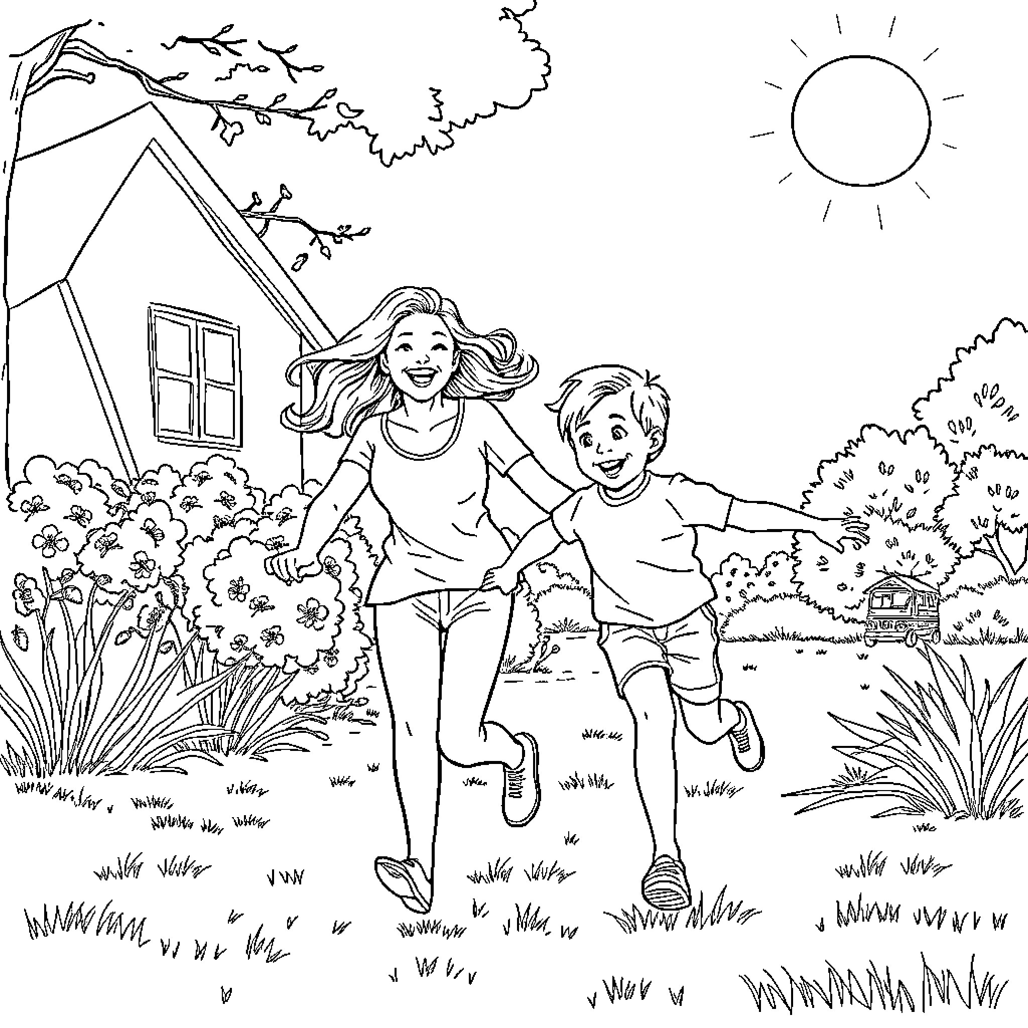 Mom and child playing joyfully outdoors Coloring Page (free black-and-white line drawing printable PDF for all, from beginners to advanced learners, including children, teens, adults, and seniors)