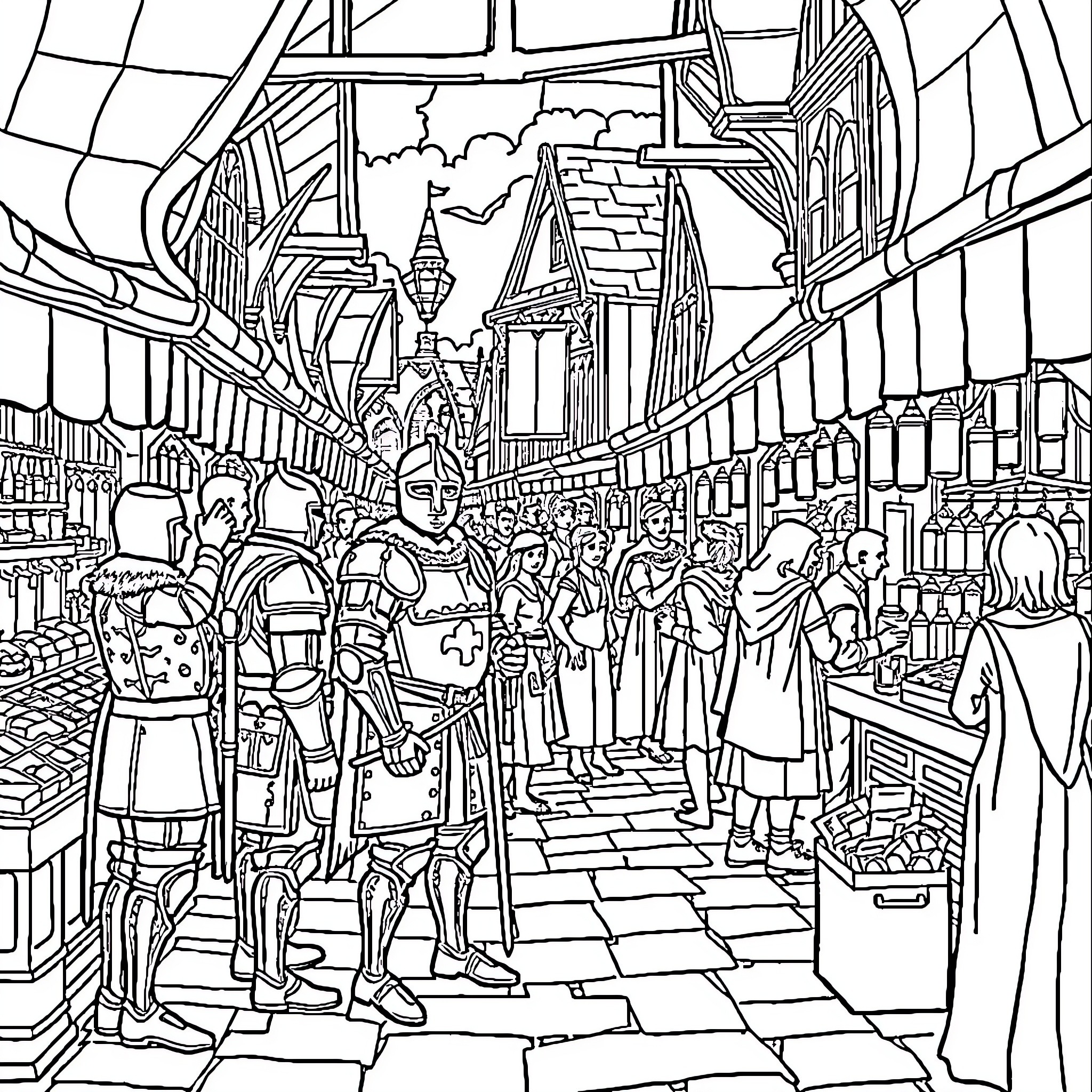 Guard Patrol in Bustling Medieval Marketplace Coloring Page (free black-and-white line drawing printable PDF for all, from beginners to advanced learners, including children, teens, adults, and seniors)