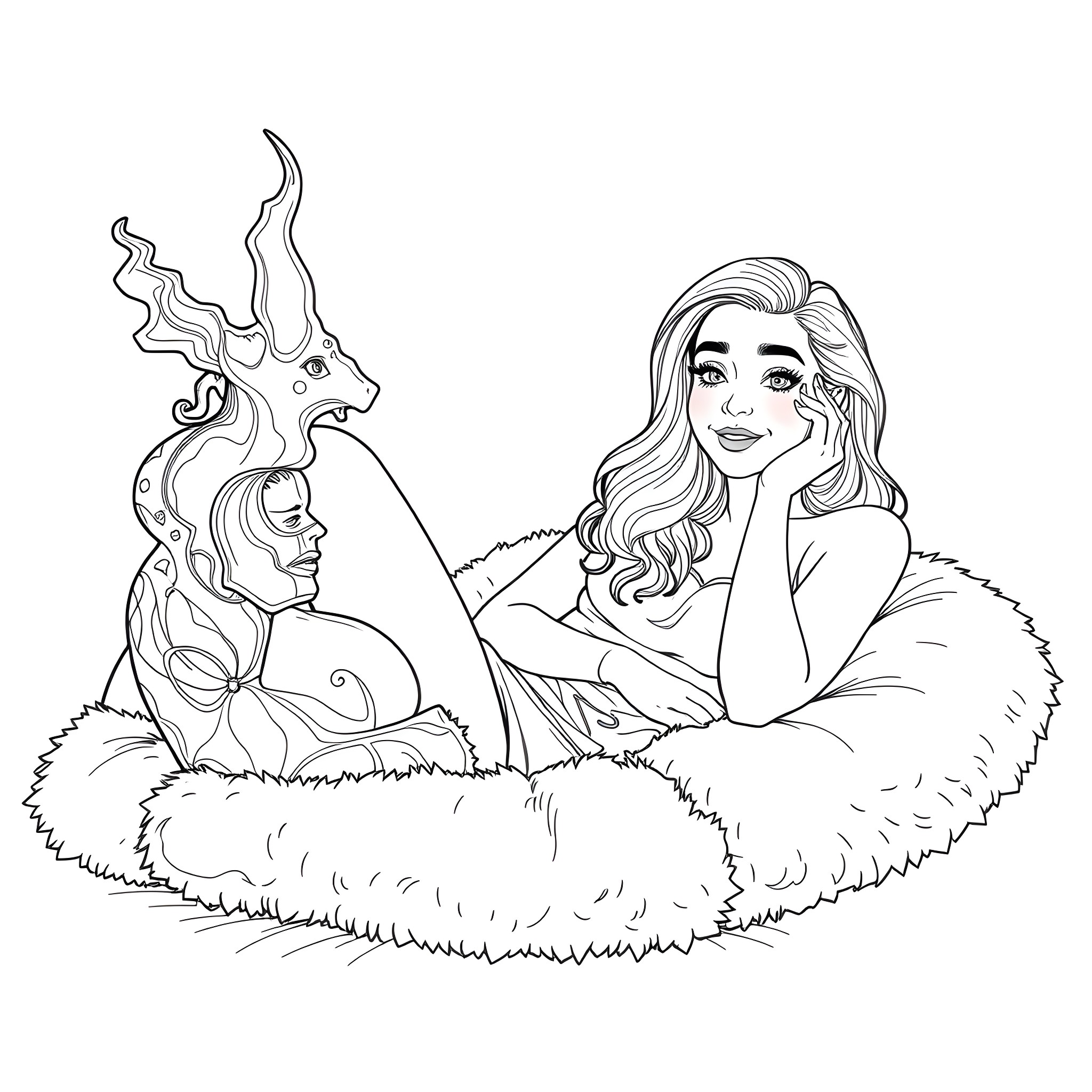 Woman sitting comfortably with a mythical creature Coloring Page (free black-and-white line drawing printable PDF for all, from beginners to advanced learners, including children, teens, adults, and seniors)