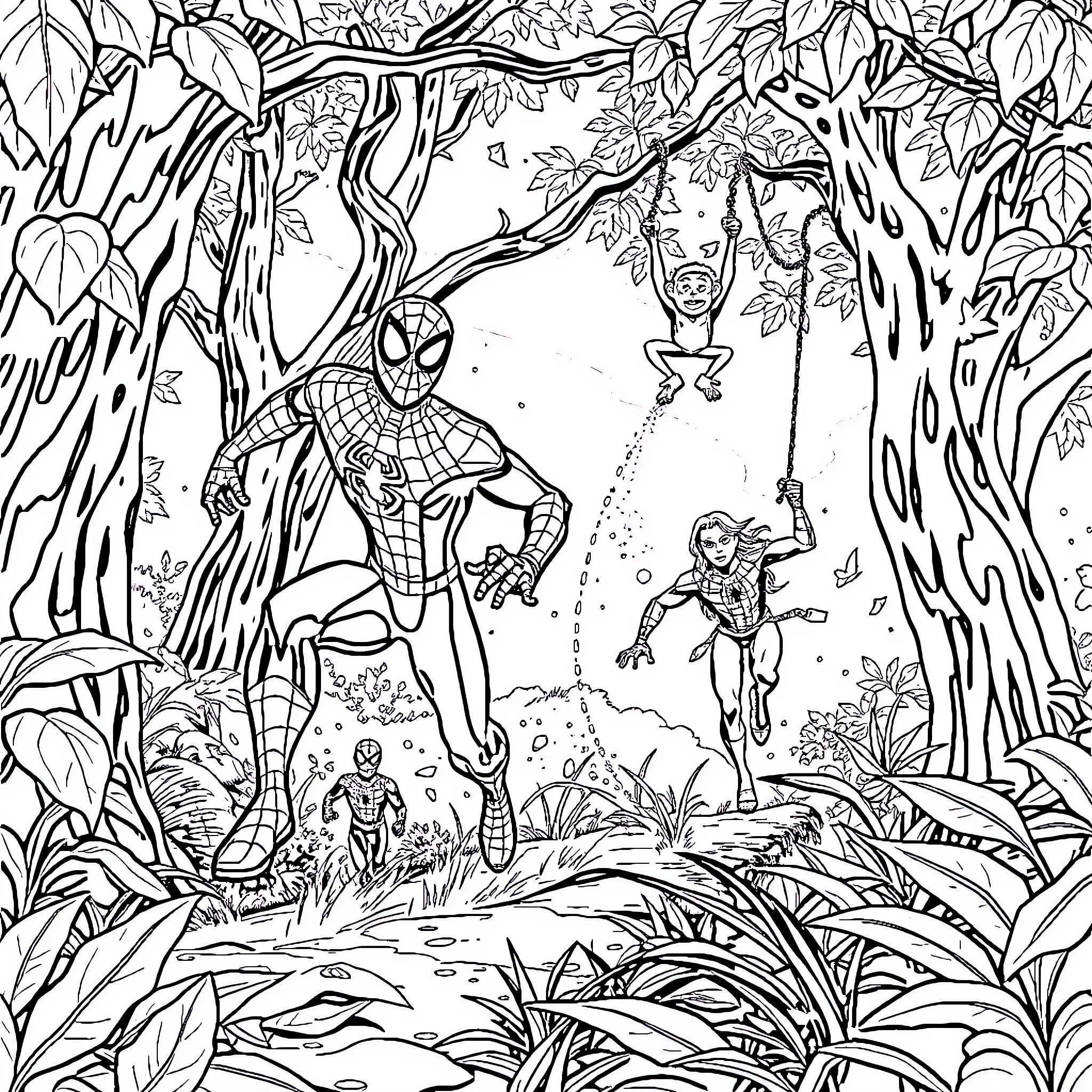 Spider-Man swinging through the enchanted forest Coloring Page (free black-and-white line drawing printable PDF for all, from beginners to advanced learners, including children, teens, adults, and seniors)
