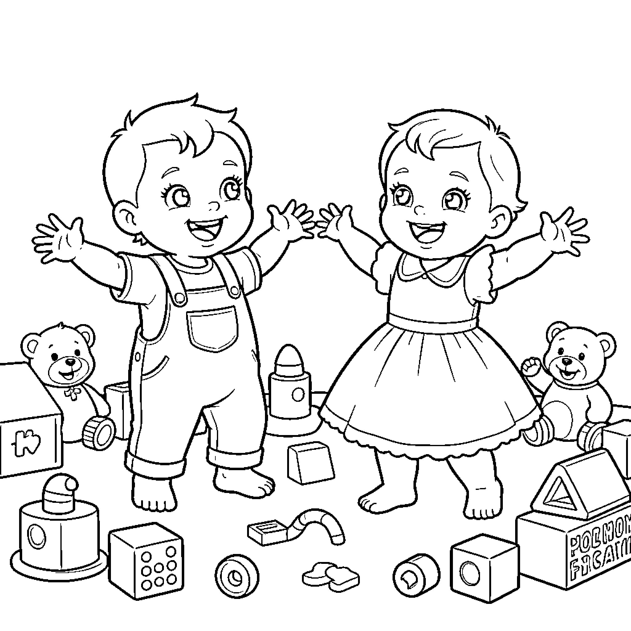 Bebe playing happily with toys and friends Coloring Page (free black-and-white line drawing printable PDF for all, from beginners to advanced learners, including children, teens, adults, and seniors)