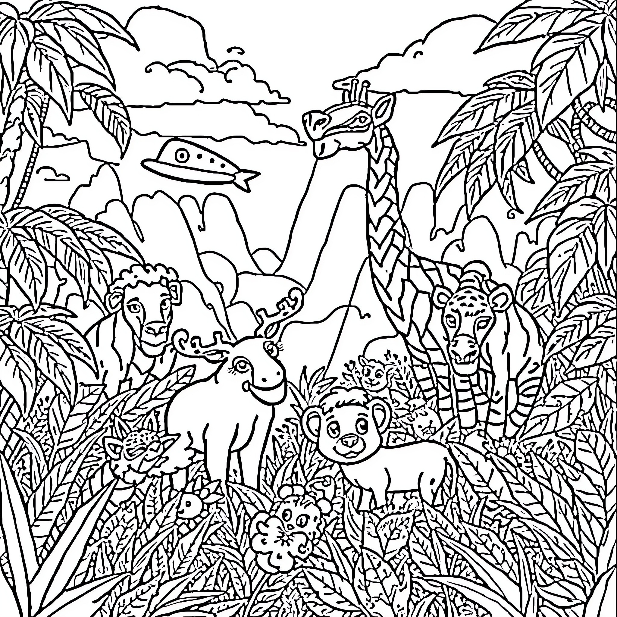 Animal Gathering in Tropical Jungle Illustration Coloring Page (free black-and-white line drawing printable PDF for all, from beginners to advanced learners, including children, teens, adults, and seniors)
