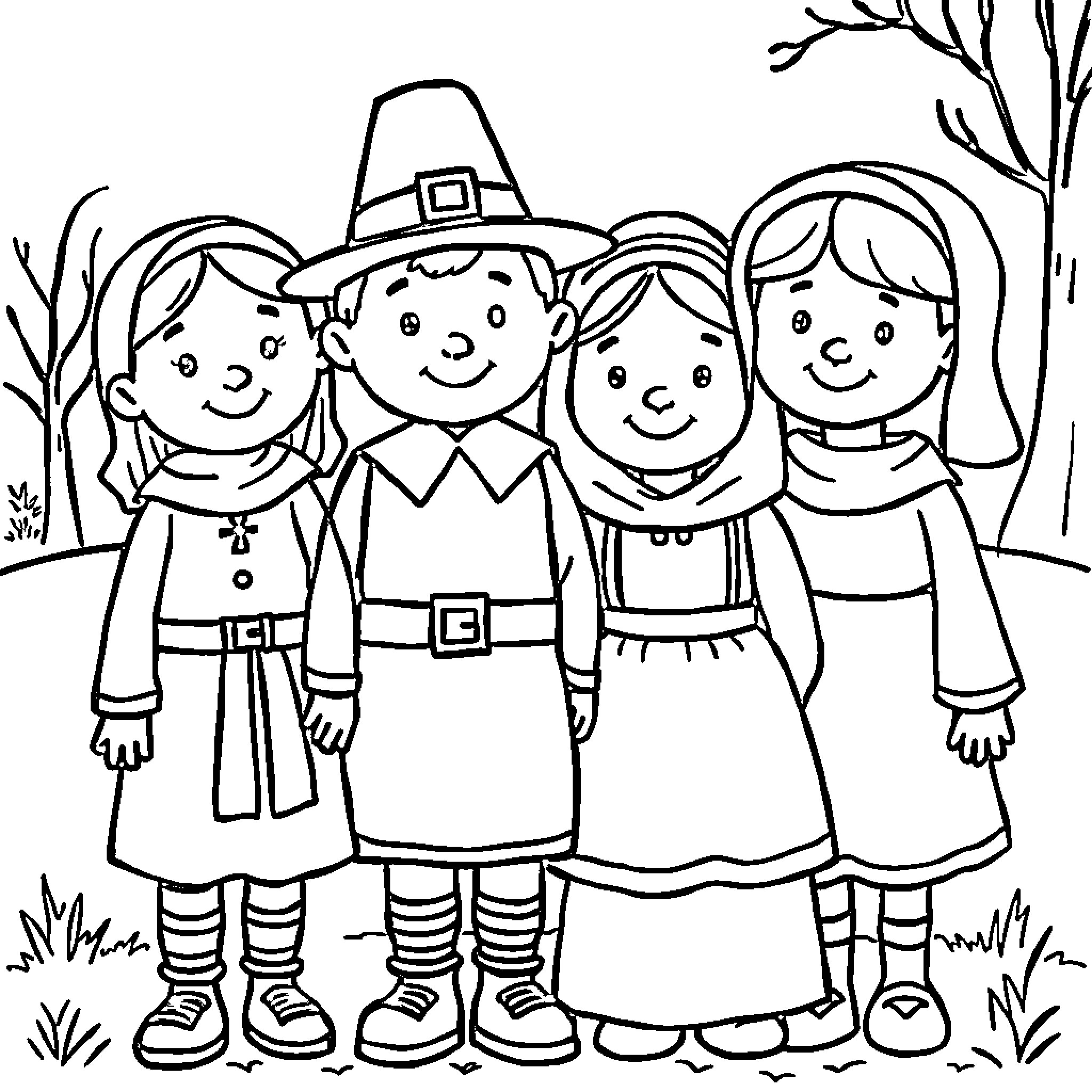 Pilgrim family in traditional attire posing together Coloring Page (free black-and-white line drawing printable PDF for all, from beginners to advanced learners, including children, teens, adults, and seniors)
