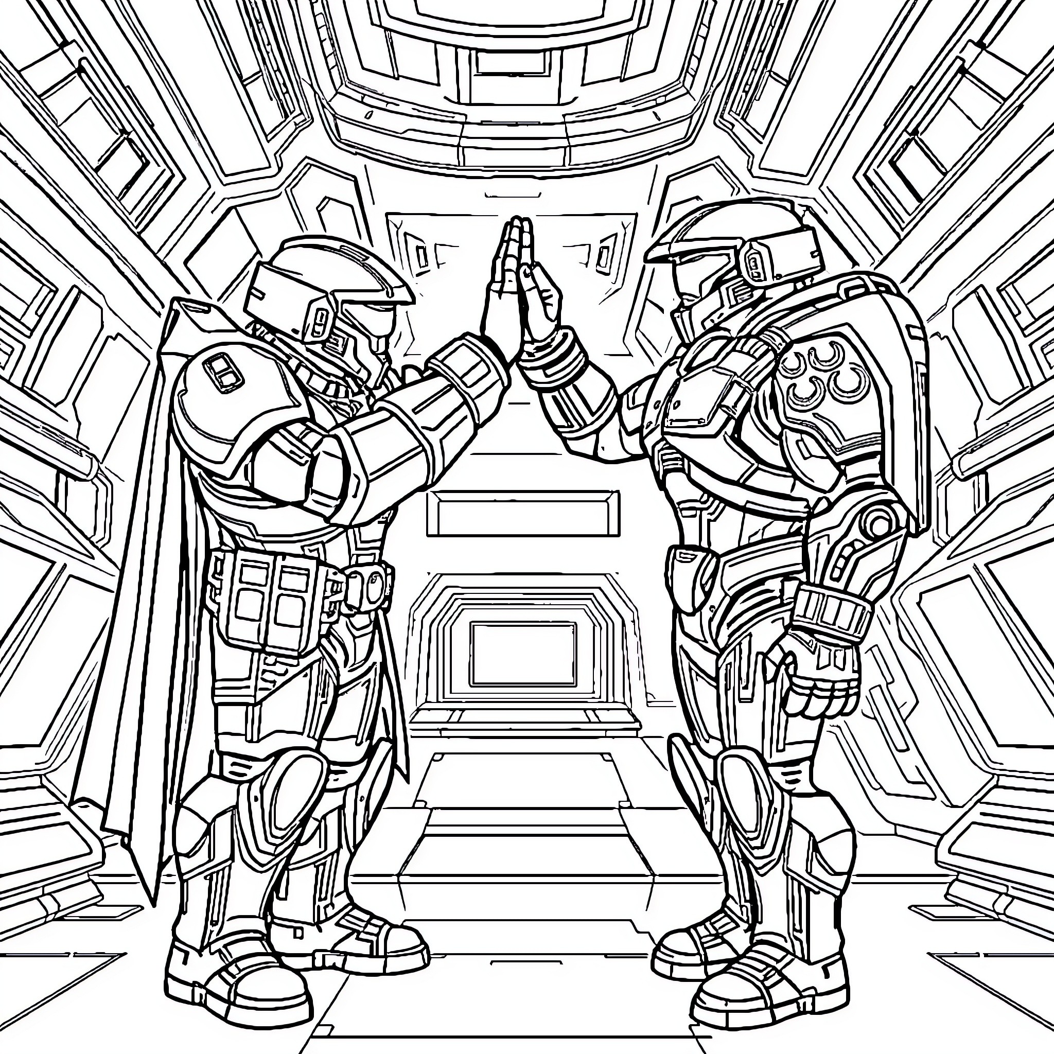 Doom Guy in Epic Sci-Fi Showdown Coloring Page (free black-and-white line drawing printable PDF for all, from beginners to advanced learners, including children, teens, adults, and seniors)
