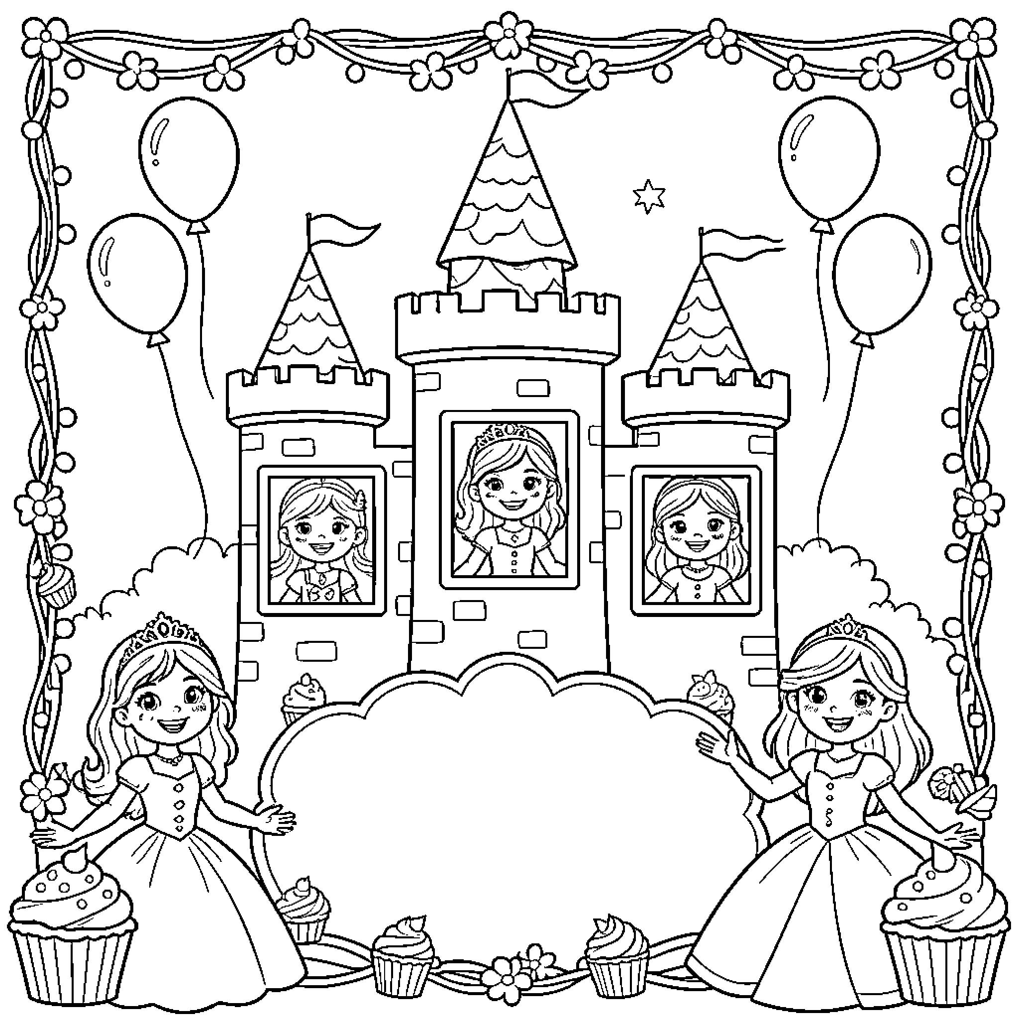 Princesses celebrating happily in front of a castle Coloring Page (free black-and-white line drawing printable PDF for all, from beginners to advanced learners, including children, teens, adults, and seniors)