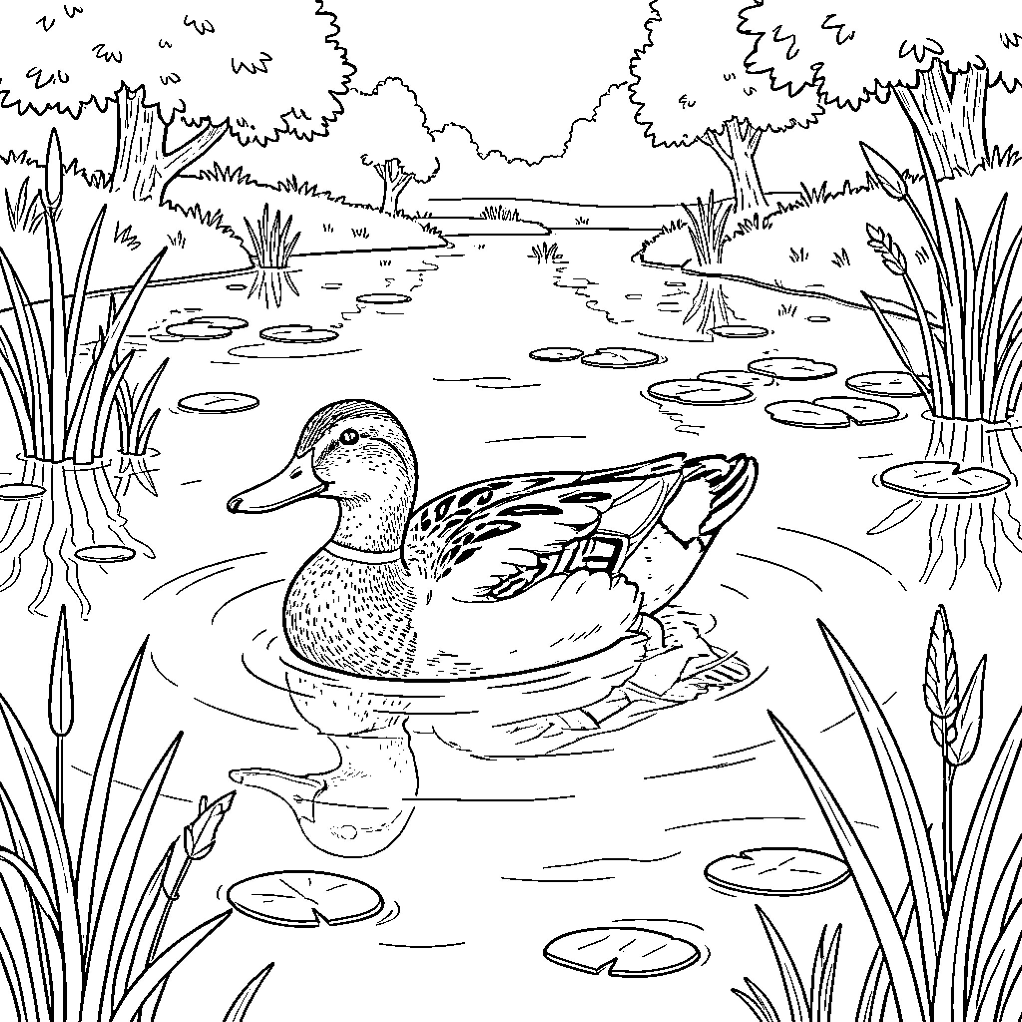 Mallard swimming peacefully on a calm pond Coloring Page (free black-and-white line drawing printable PDF for all, from beginners to advanced learners, including children, teens, adults, and seniors)