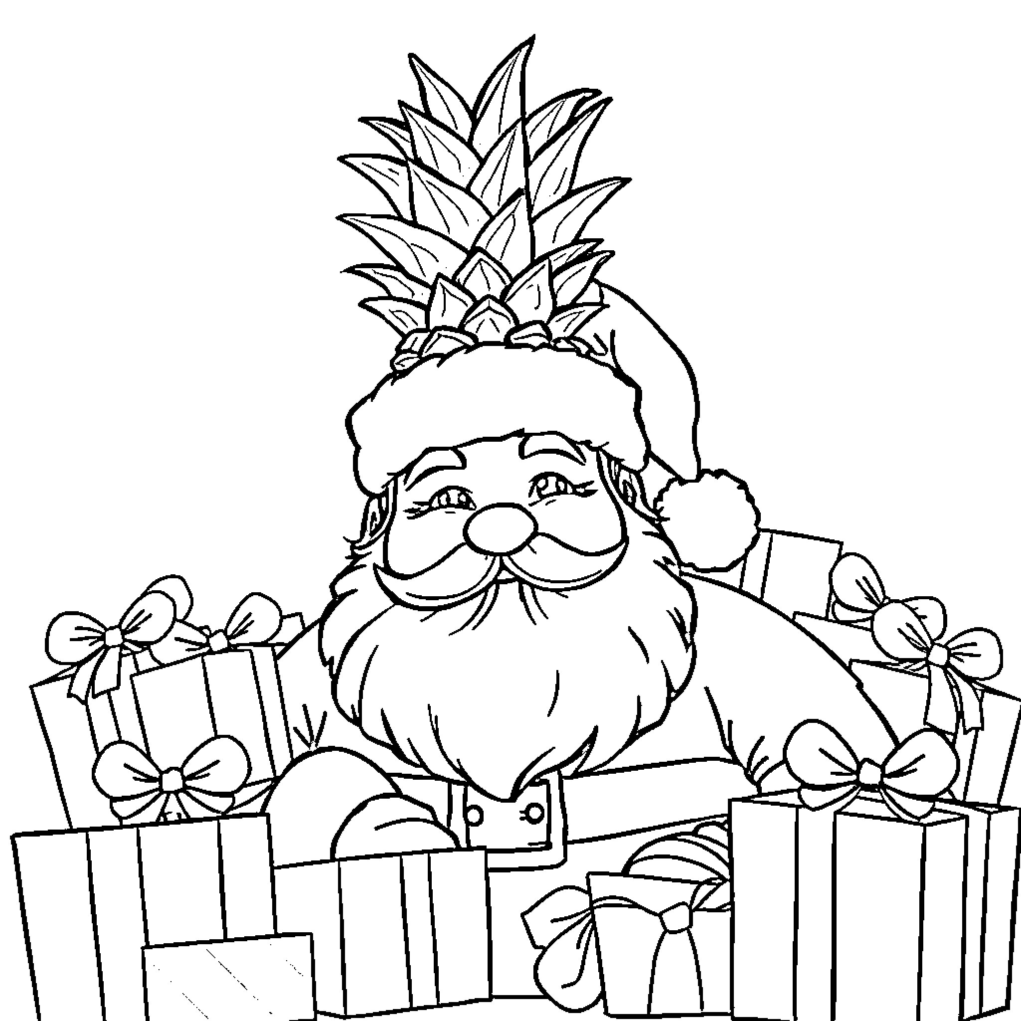 Santa Claus surrounded by gifts and pineapple Coloring Page (free black-and-white line drawing printable PDF for all, from beginners to advanced learners, including children, teens, adults, and seniors)