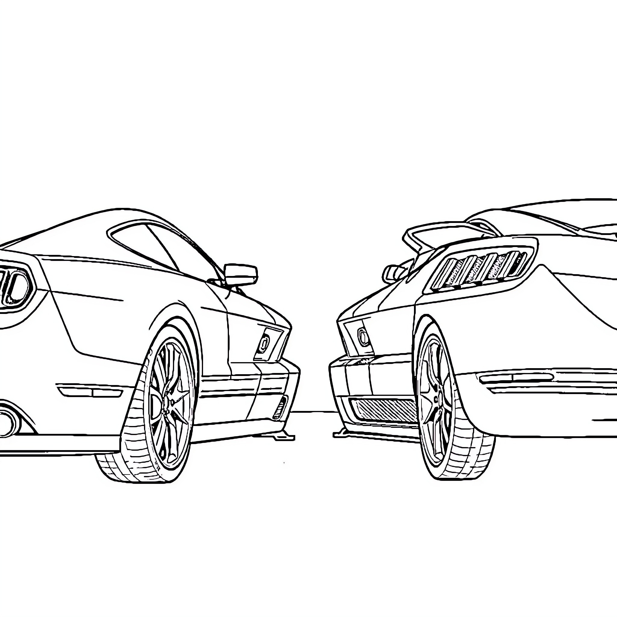 Mustang sports cars in action poses Coloring Page (free black-and-white line drawing printable PDF for all, from beginners to advanced learners, including children, teens, adults, and seniors)