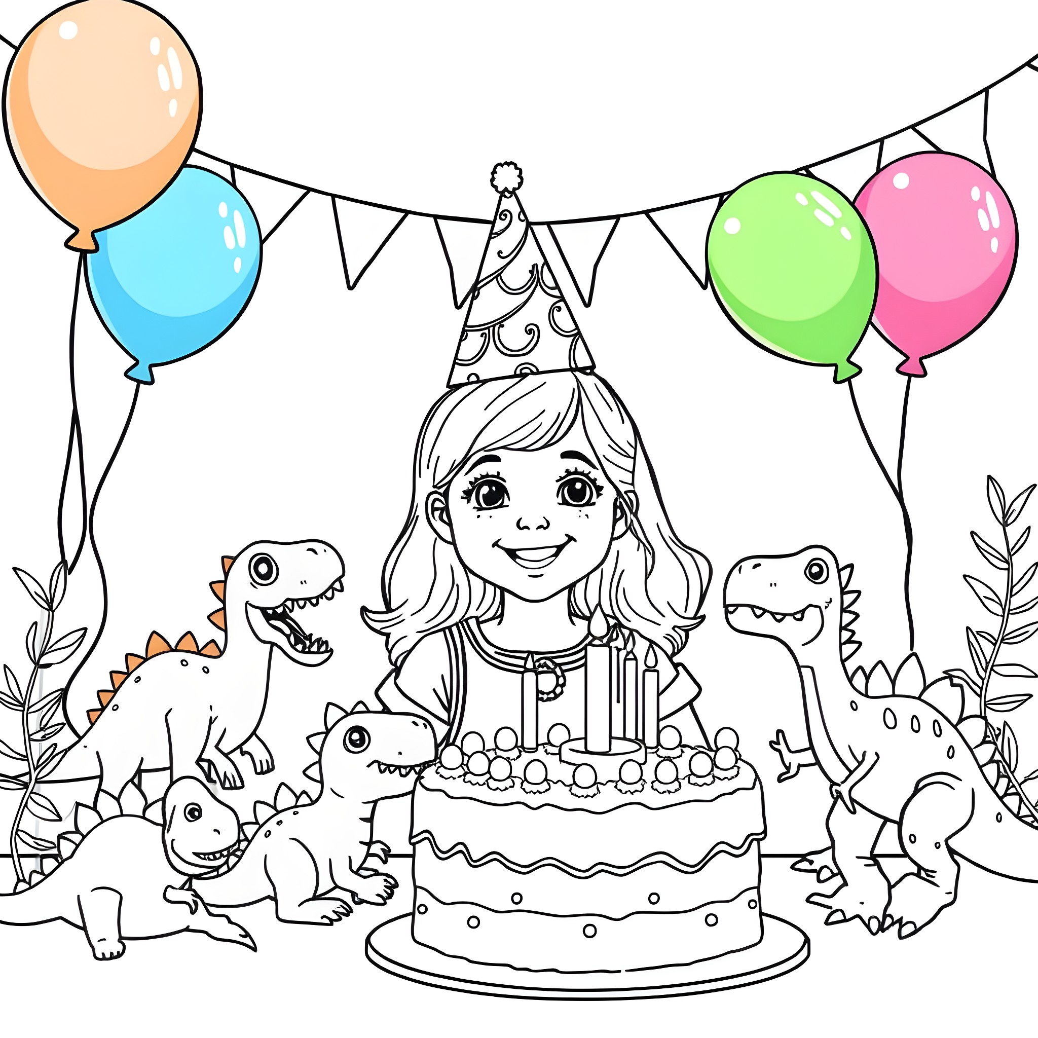 Dinosaur birthday party with a girl and cake Coloring Page (free black-and-white line drawing printable PDF for all, from beginners to advanced learners, including children, teens, adults, and seniors)