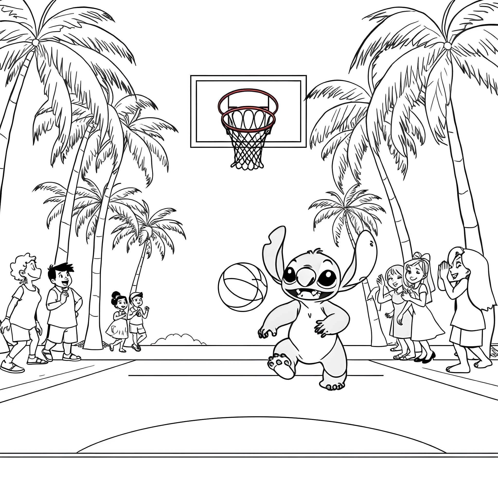 Lilo playing basketball with friends in a tropical setting Coloring Page (free black-and-white line drawing printable PDF for all, from beginners to advanced learners, including children, teens, adults, and seniors)