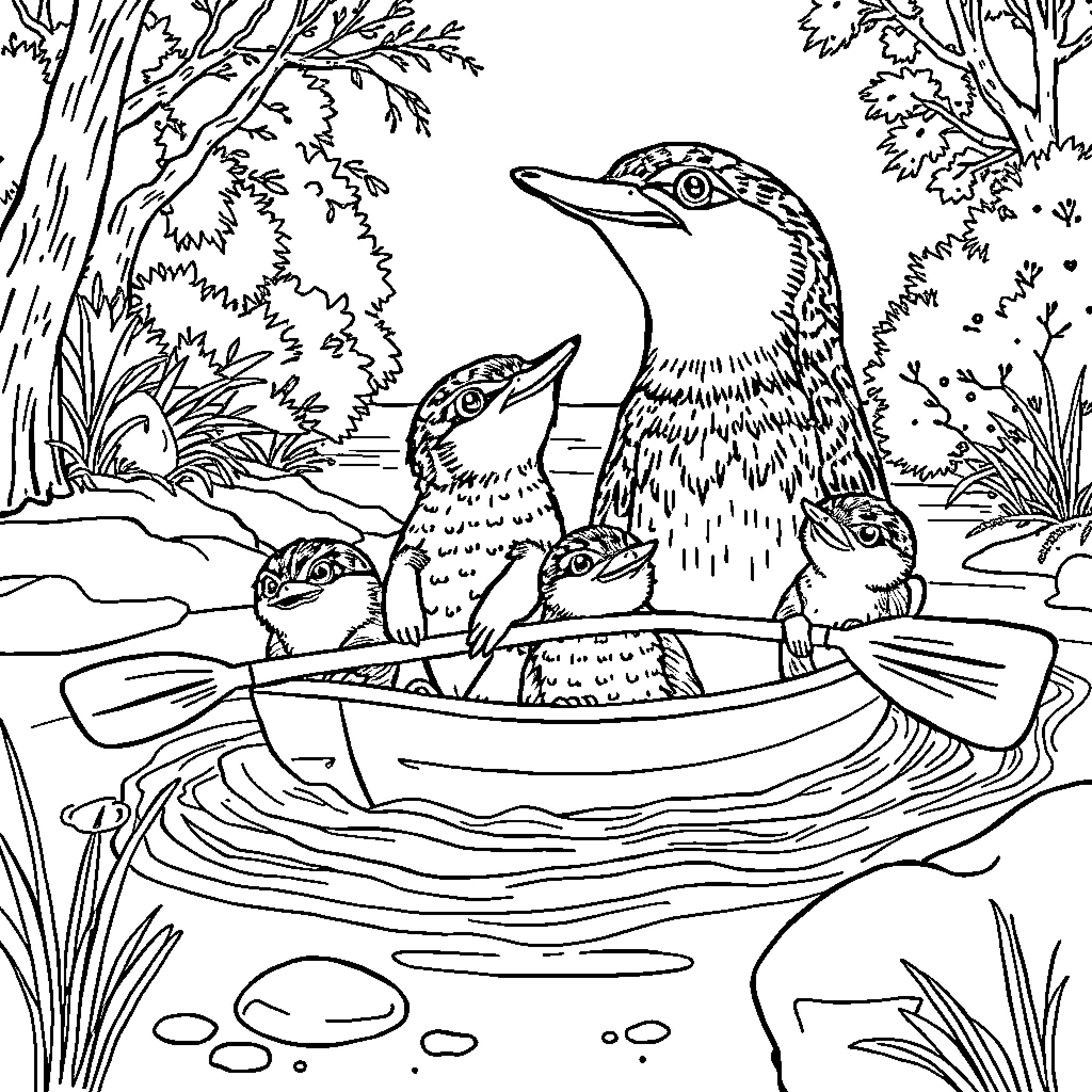 Otters in a Tranquil Forest Boat Coloring Page (free black-and-white line drawing printable PDF for all, from beginners to advanced learners, including children, teens, adults, and seniors)