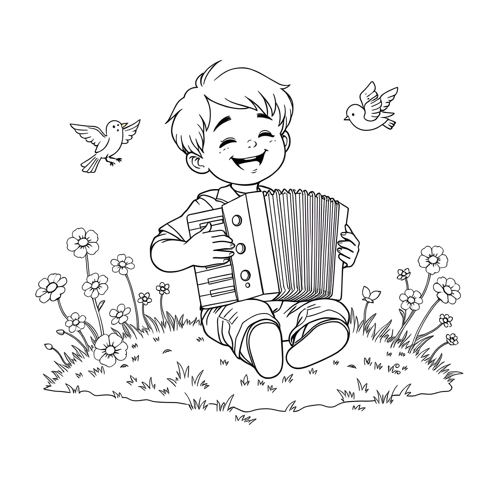 Boy playing happily with accordion in the meadow Coloring Page (free black-and-white line drawing printable PDF for all, from beginners to advanced learners, including children, teens, adults, and seniors)