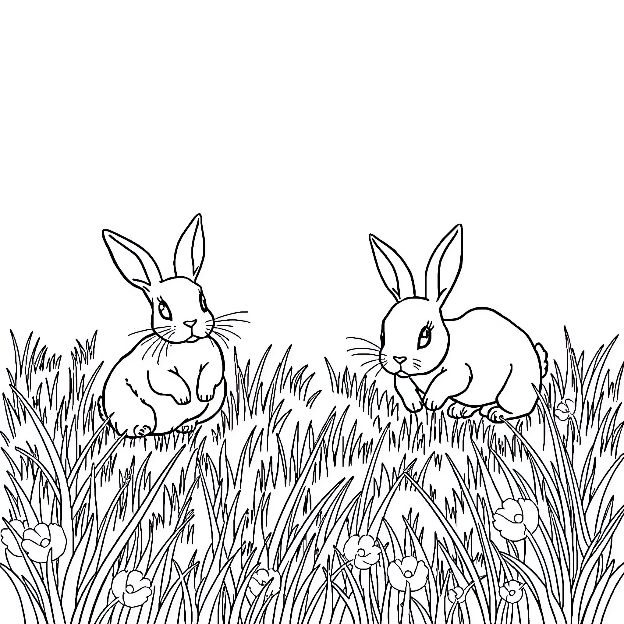 Rabbits hopping joyfully in the grass Coloring Page (free black-and-white line drawing printable PDF for all, from beginners to advanced learners, including children, teens, adults, and seniors)
