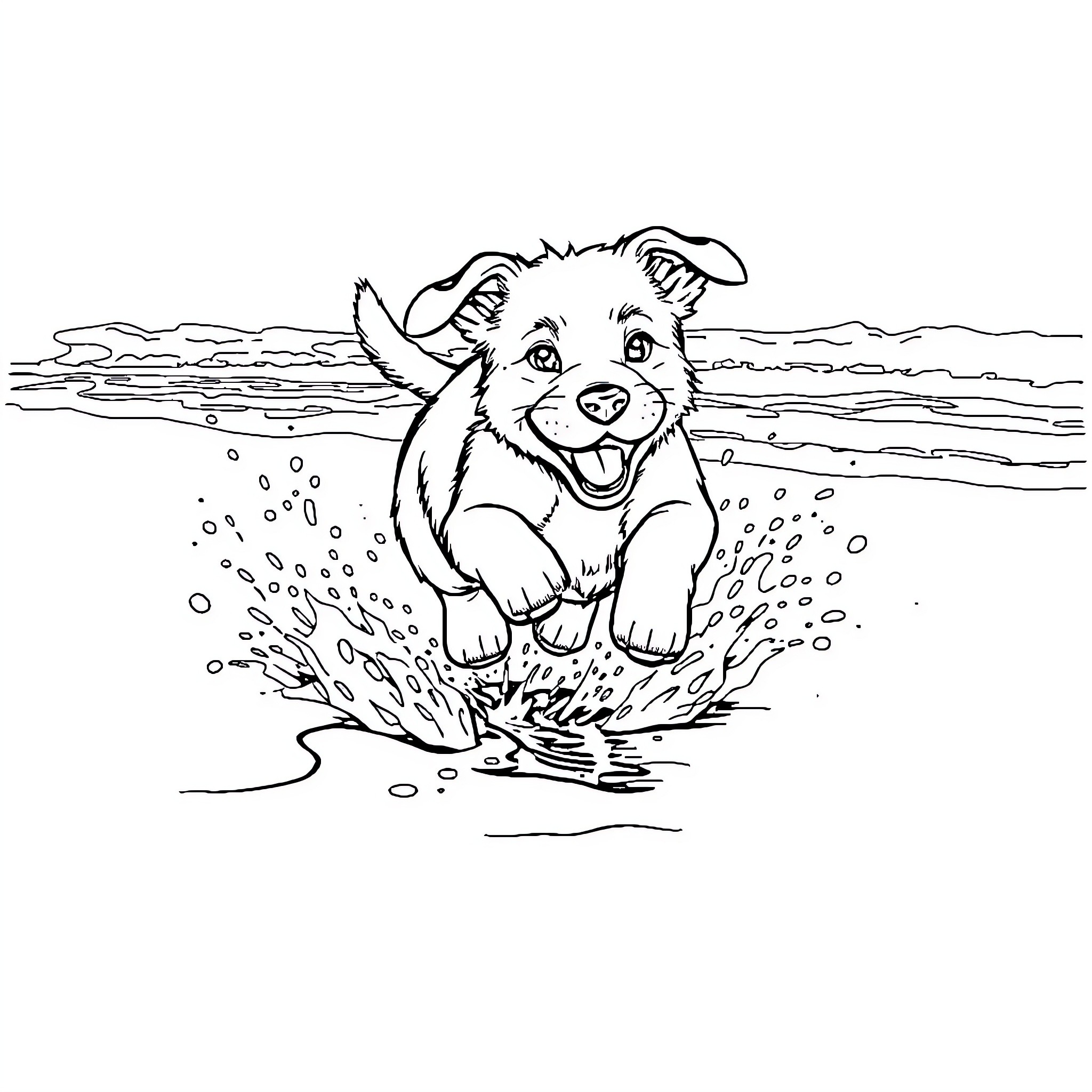 Puppy splashing in the water Coloring Page (free black-and-white line drawing printable PDF for all, from beginners to advanced learners, including children, teens, adults, and seniors)