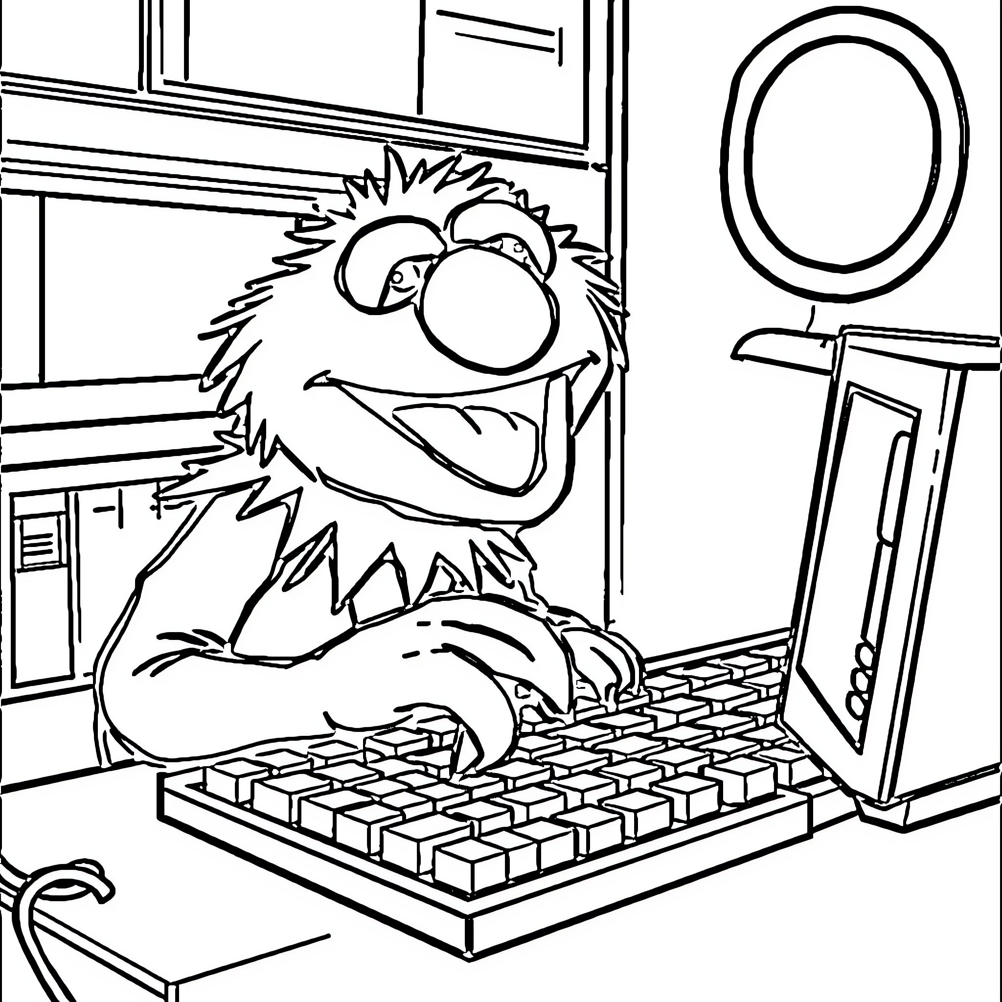 Animal sitting at computer desk typing on keyboard Coloring Page (free black-and-white line drawing printable PDF for all, from beginners to advanced learners, including children, teens, adults, and seniors)