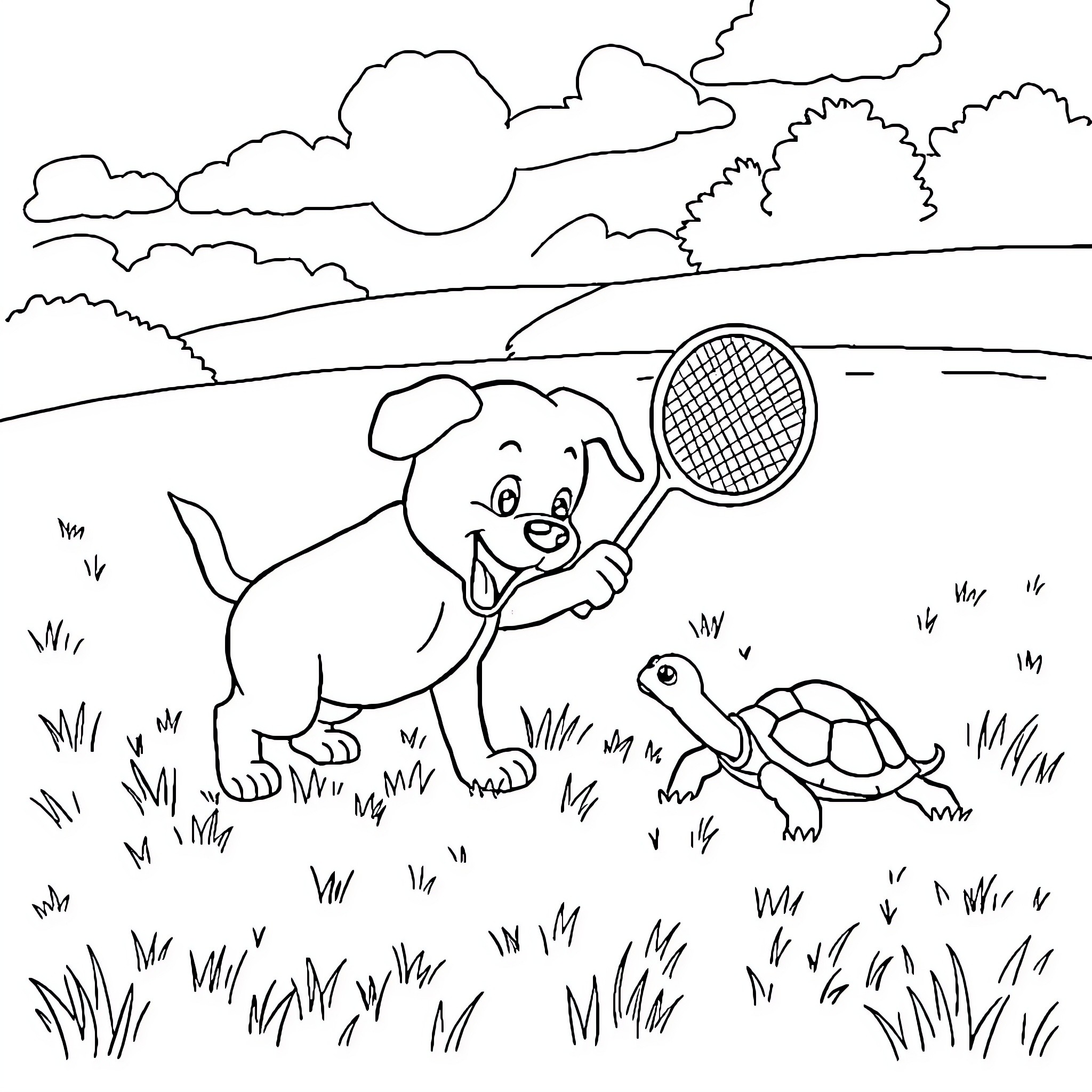 Puppy playing with turtle in the park Coloring Page (free black-and-white line drawing printable PDF for all, from beginners to advanced learners, including children, teens, adults, and seniors)