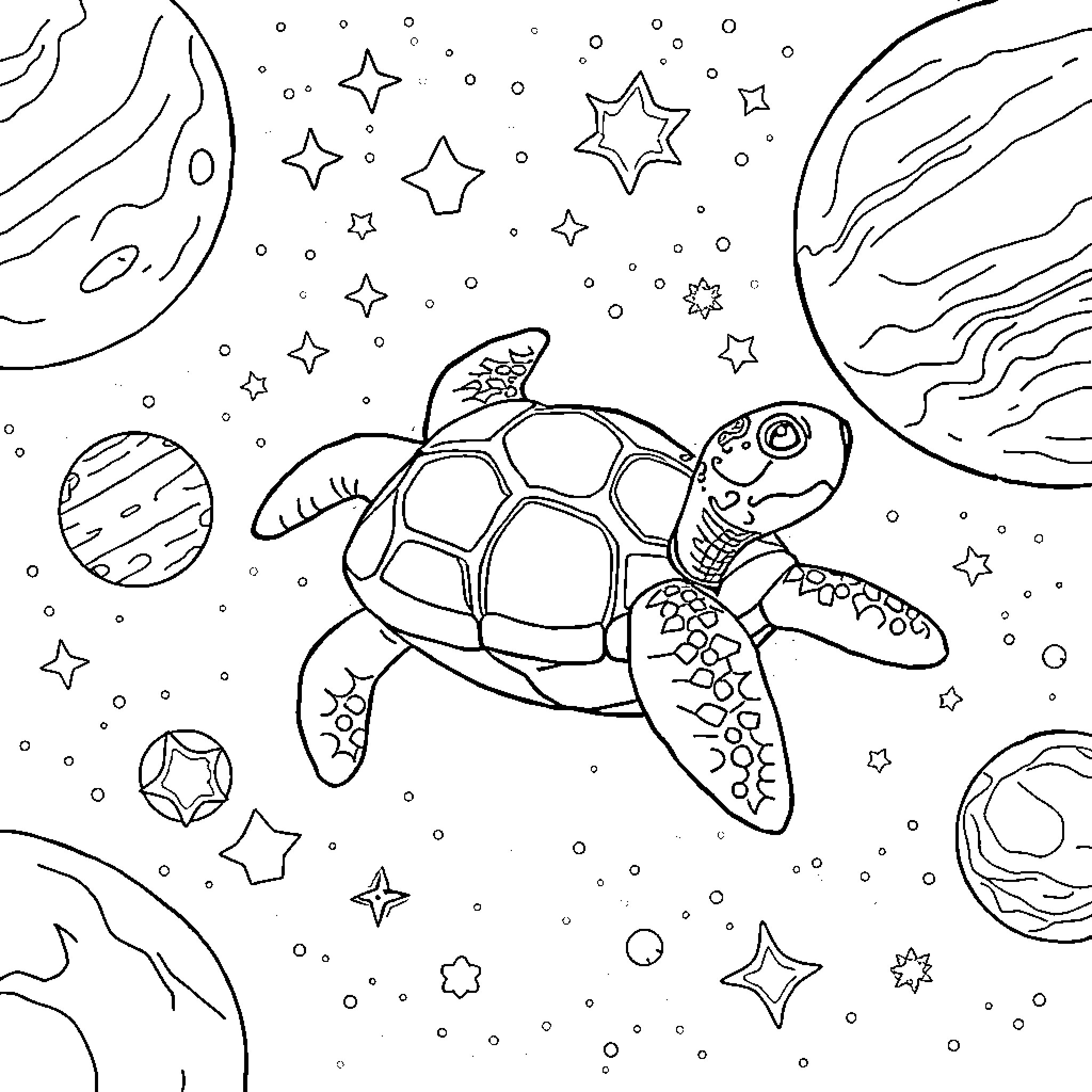 Turtle swimming amidst cosmic stars and planets Coloring Page (free black-and-white line drawing printable PDF for all, from beginners to advanced learners, including children, teens, adults, and seniors)