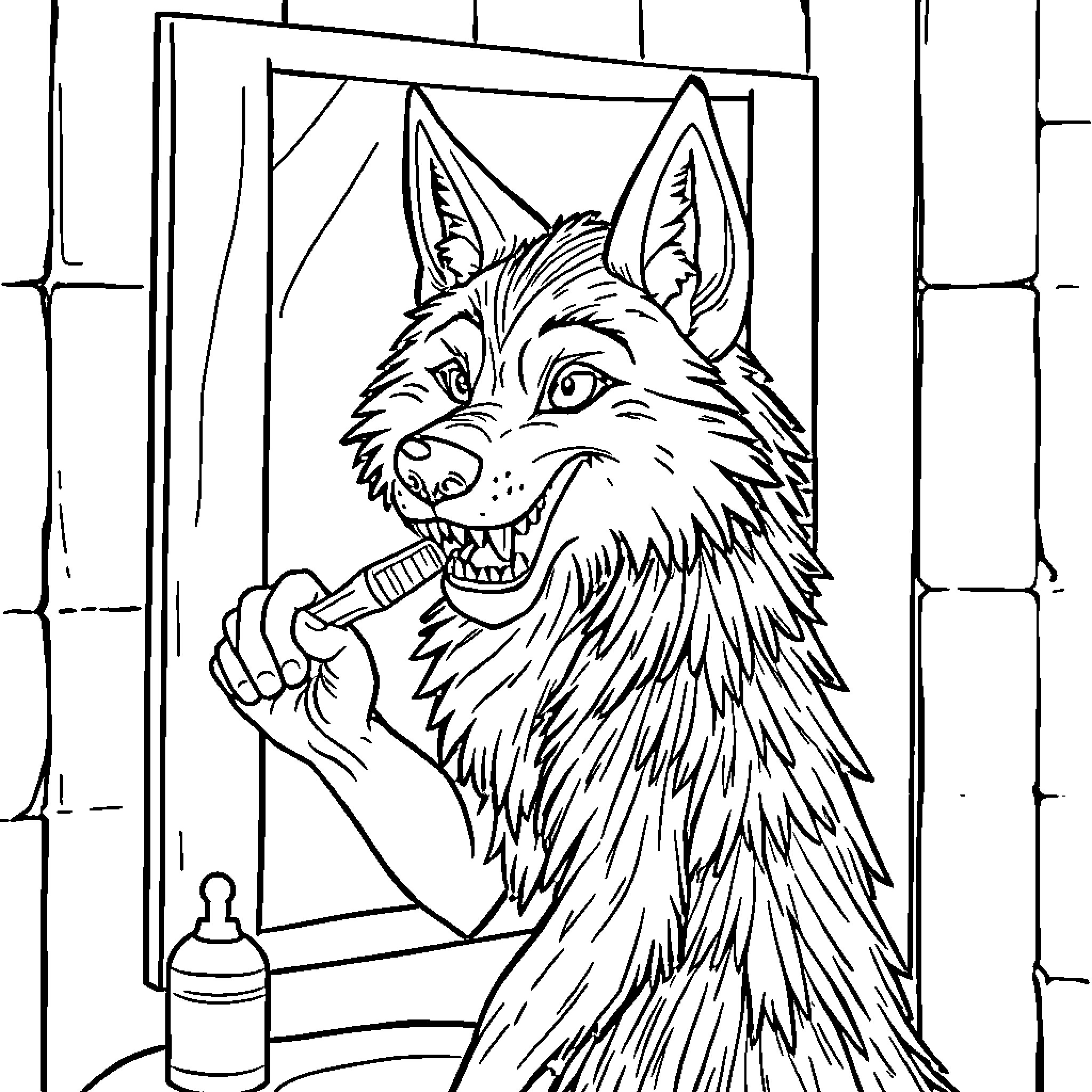 Wolf brushing its teeth in the mirror Coloring Page (free black-and-white line drawing printable PDF for all, from beginners to advanced learners, including children, teens, adults, and seniors)