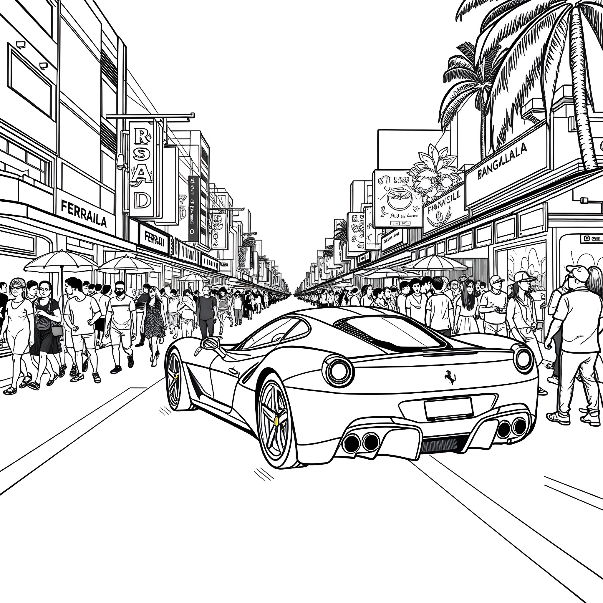 Ferrari sports car in busy city street scene Coloring Page (free black-and-white line drawing printable PDF for all, from beginners to advanced learners, including children, teens, adults, and seniors)