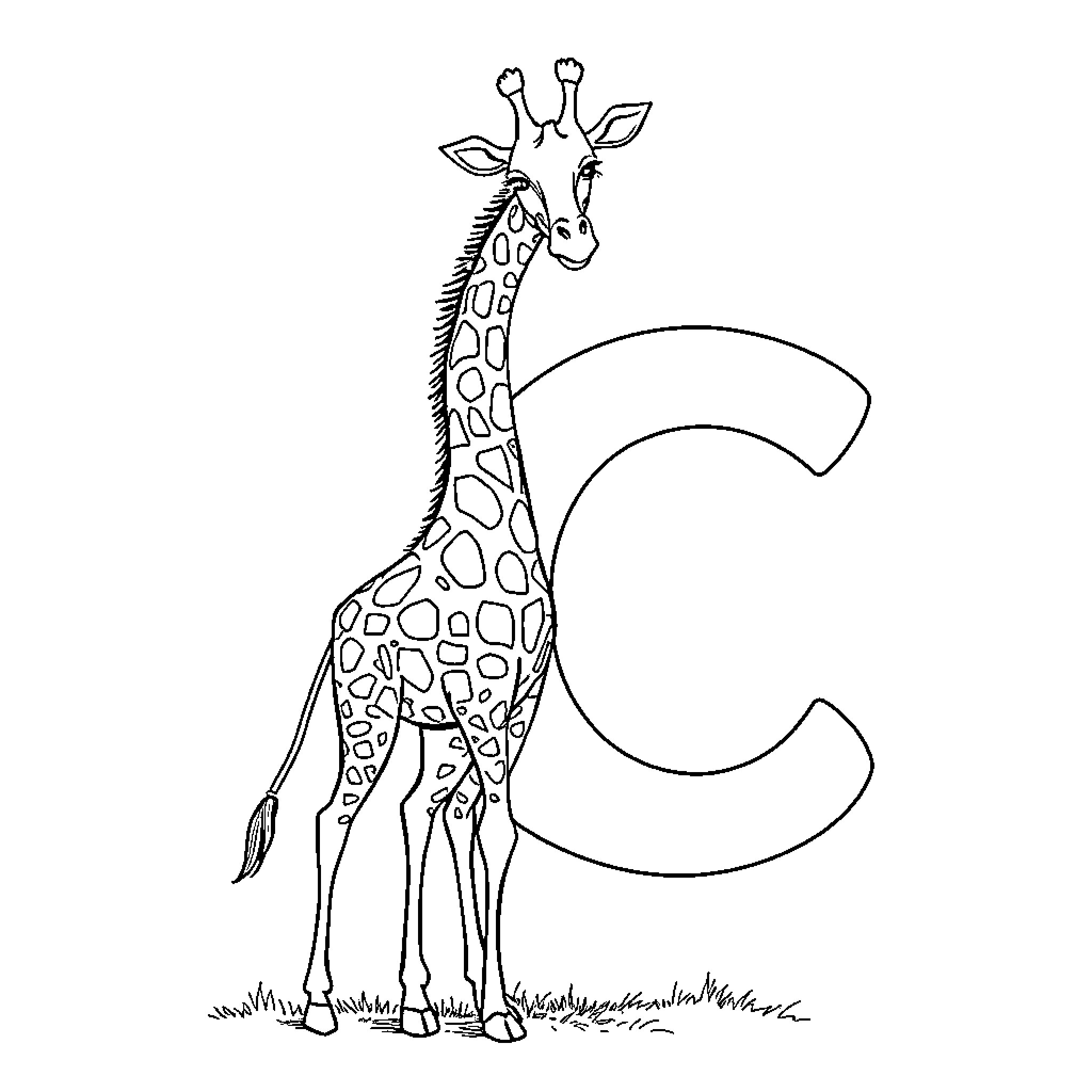 Giraffe standing tall with letter C Coloring Page (free black-and-white line drawing printable PDF for all, from beginners to advanced learners, including children, teens, adults, and seniors)
