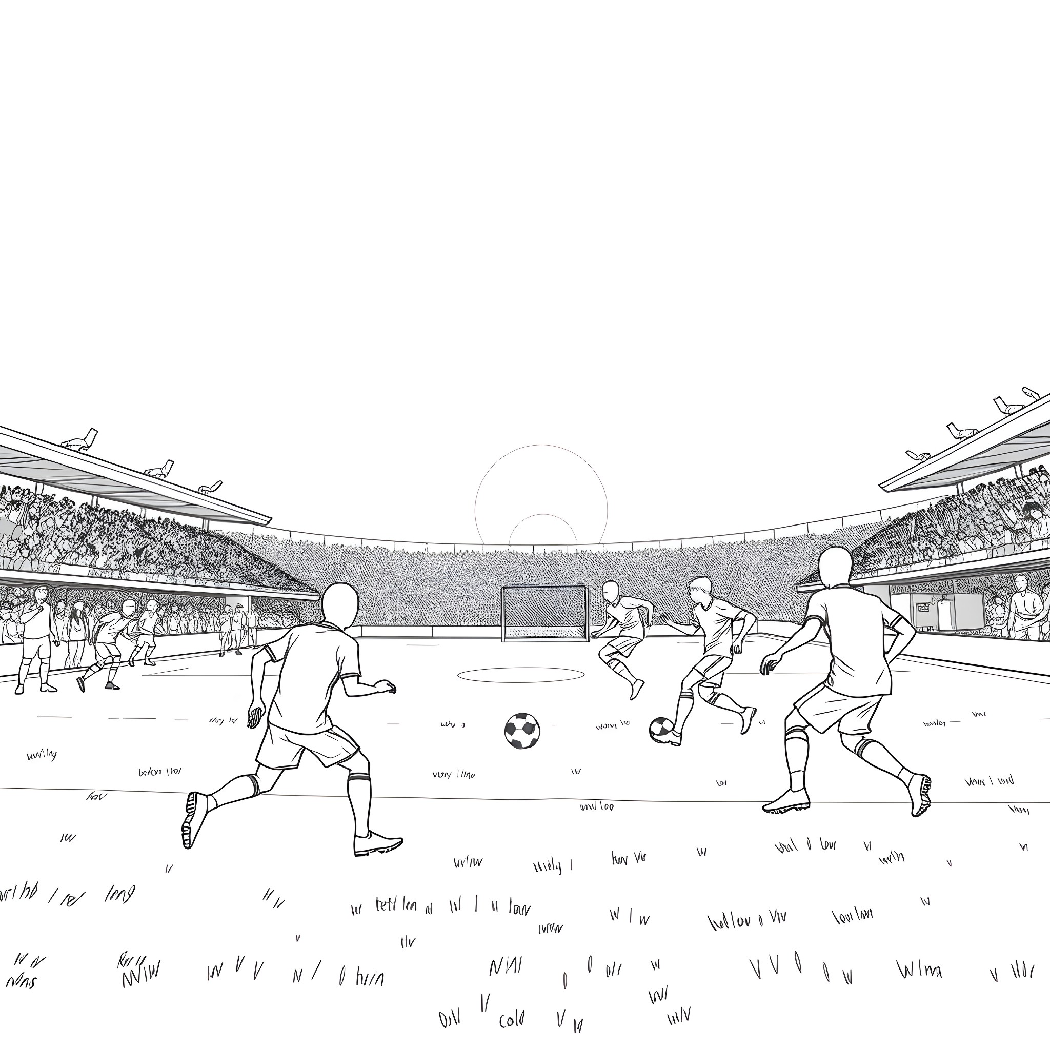 Soccer players in action on the field Coloring Page (free black-and-white line drawing printable PDF for all, from beginners to advanced learners, including children, teens, adults, and seniors)