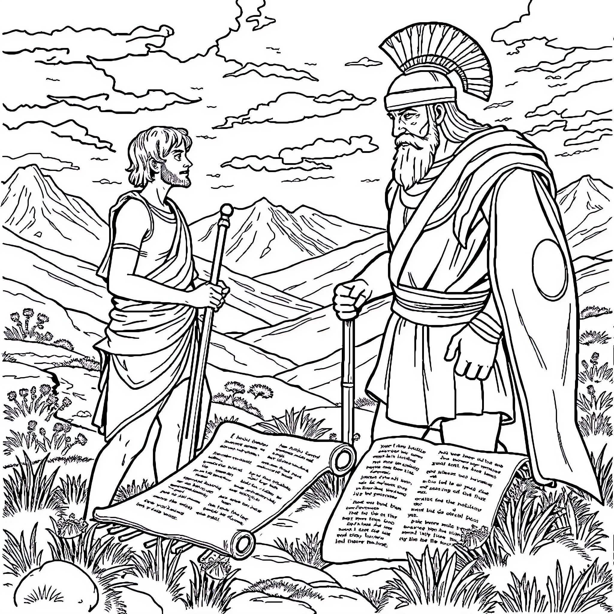 David and Goliath: The Confrontation of Courage and Strength Coloring Page (free black-and-white line drawing printable PDF for all, from beginners to advanced learners, including children, teens, adults, and seniors)