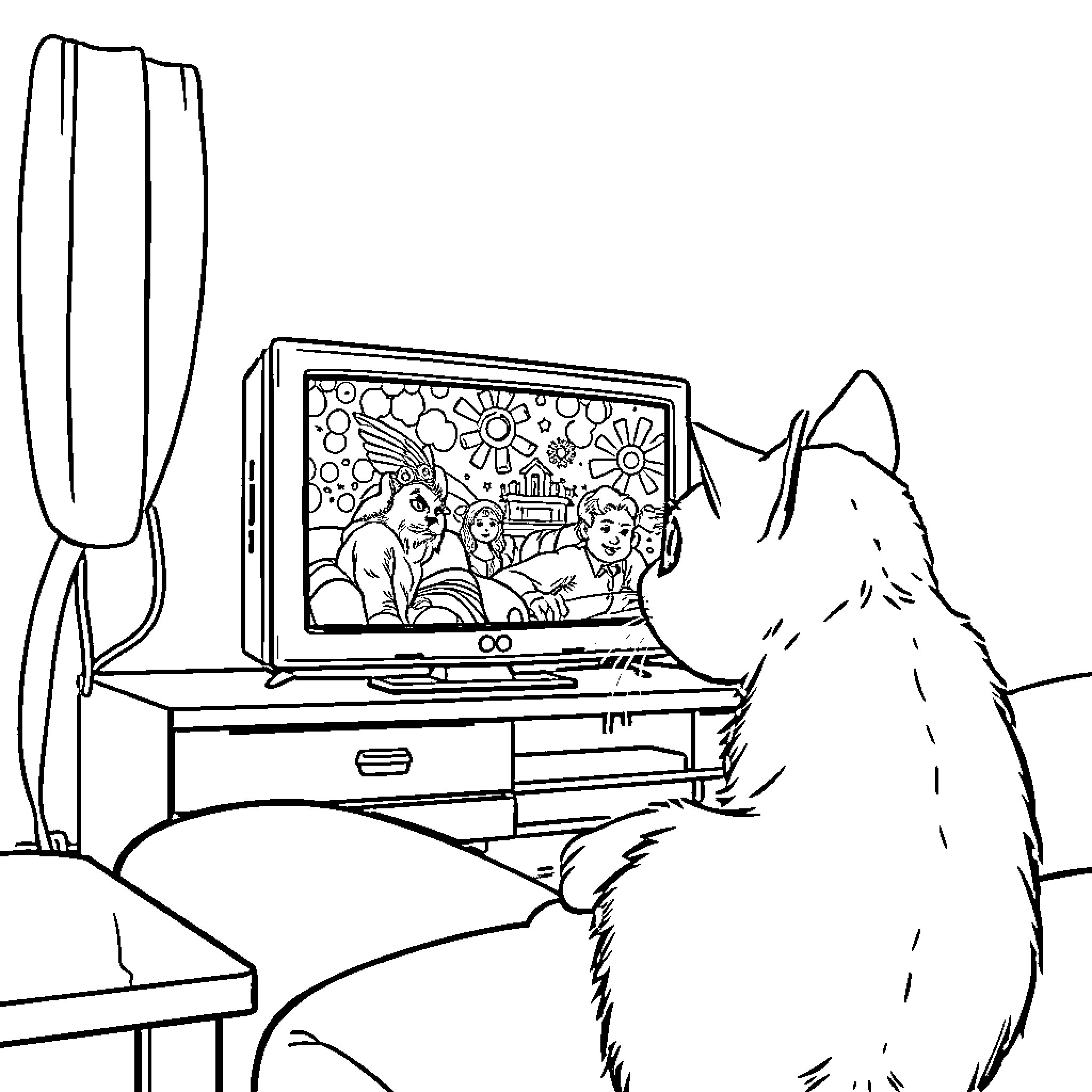 Cat admiring colorful drawing on computer screen Coloring Page (free black-and-white line drawing printable PDF for all, from beginners to advanced learners, including children, teens, adults, and seniors)