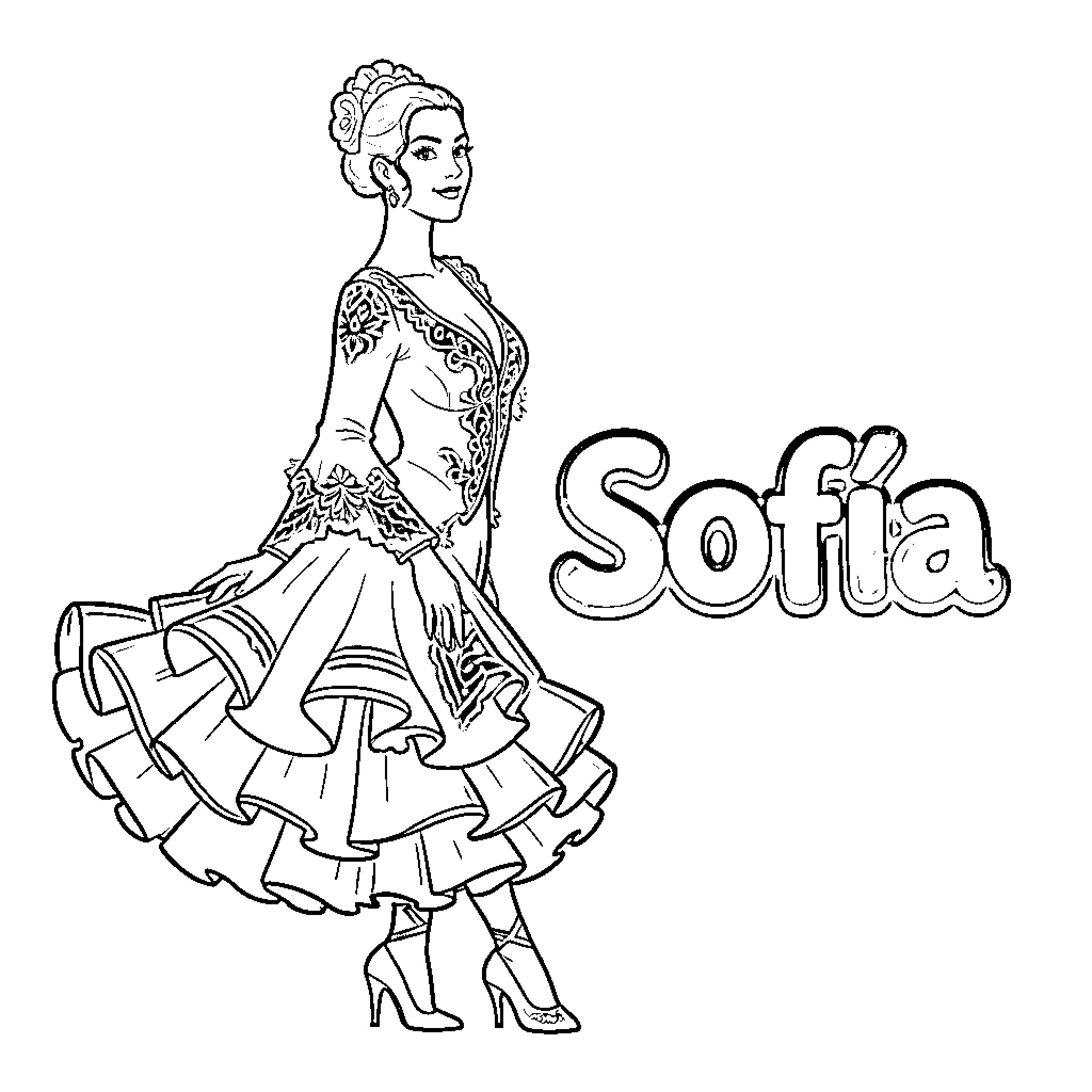 Flamingo dancer in traditional costume Coloring Page (free black-and-white line drawing printable PDF for all, from beginners to advanced learners, including children, teens, adults, and seniors)