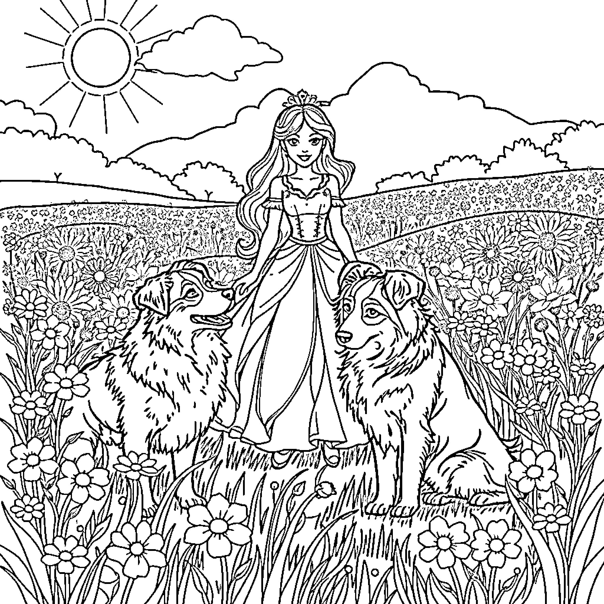 Princess in a Beautiful Floral Meadow with Wolves Coloring Page (free black-and-white line drawing printable PDF for all, from beginners to advanced learners, including children, teens, adults, and seniors)