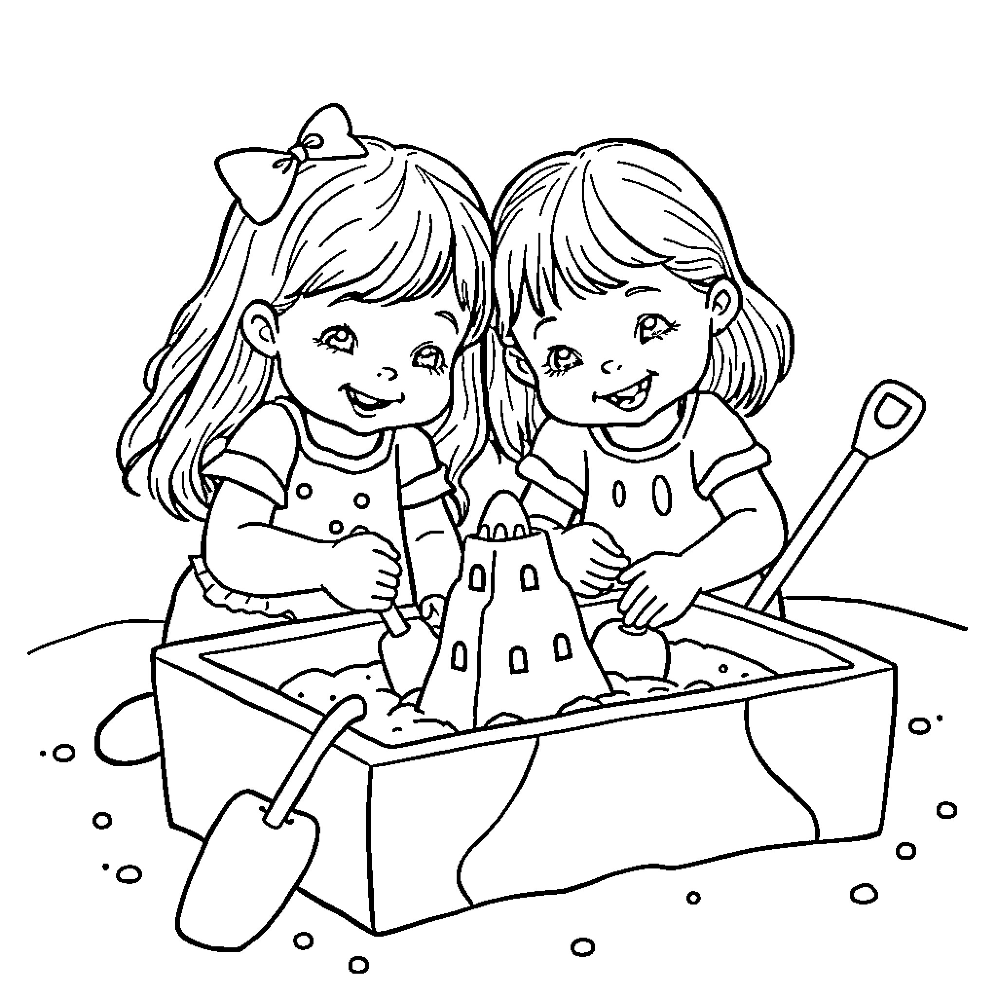 Sister Playing Together in Sandbox Coloring Page (free black-and-white line drawing printable PDF for all, from beginners to advanced learners, including children, teens, adults, and seniors)