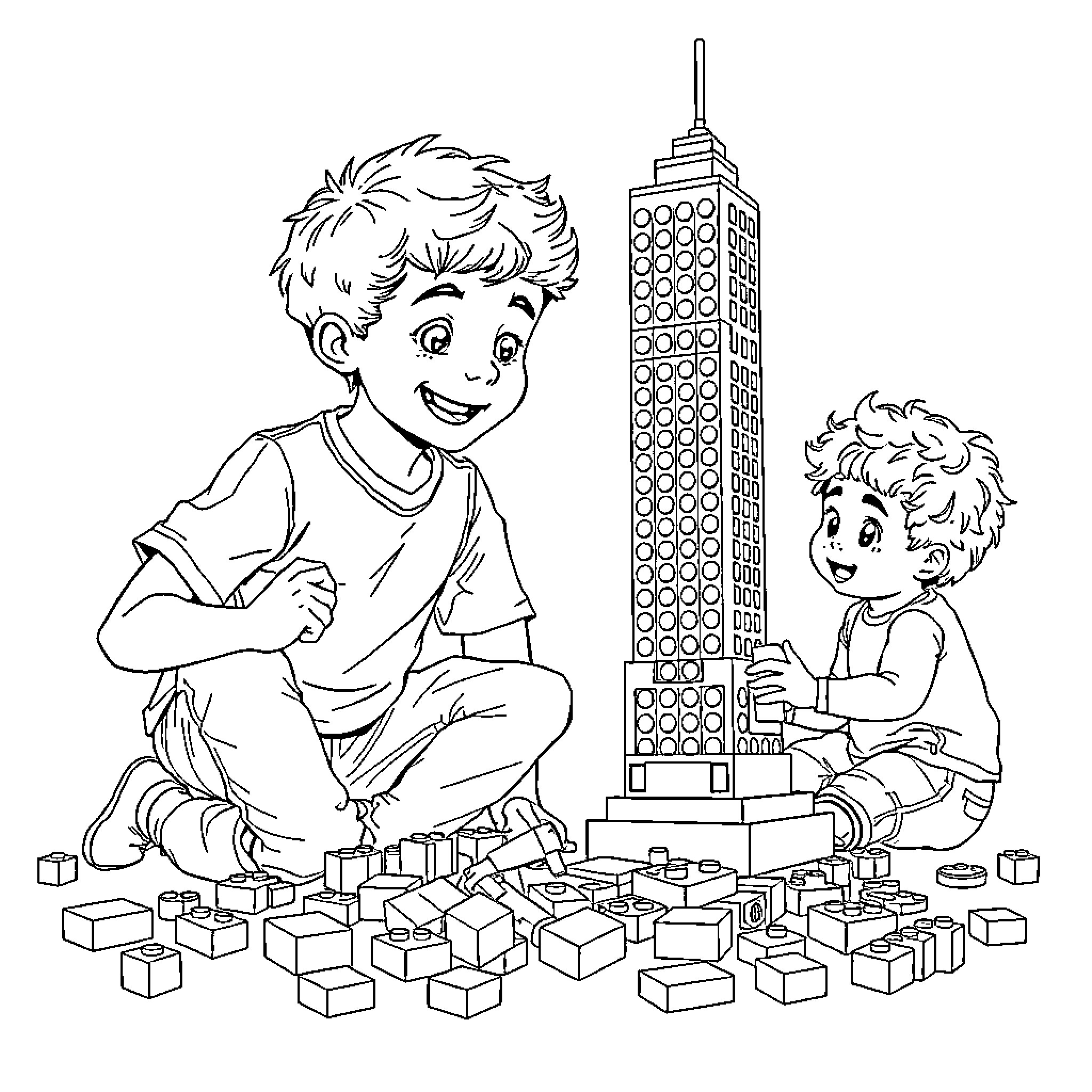 Boy playing with toy blocks and skyscraper Coloring Page (free black-and-white line drawing printable PDF for all, from beginners to advanced learners, including children, teens, adults, and seniors)