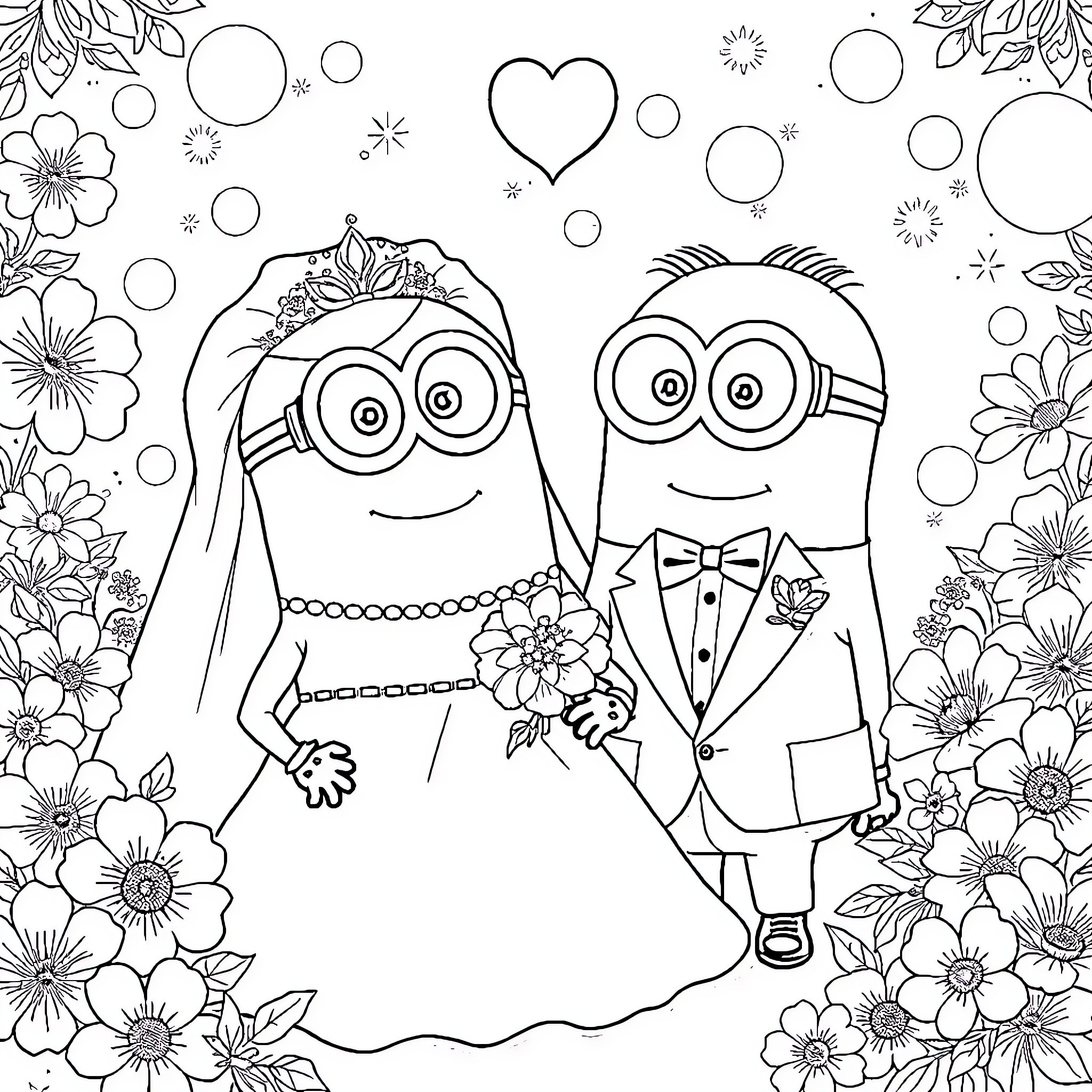 Minions get married in a floral wonderland Coloring Page (free black-and-white line drawing printable PDF for all, from beginners to advanced learners, including children, teens, adults, and seniors)